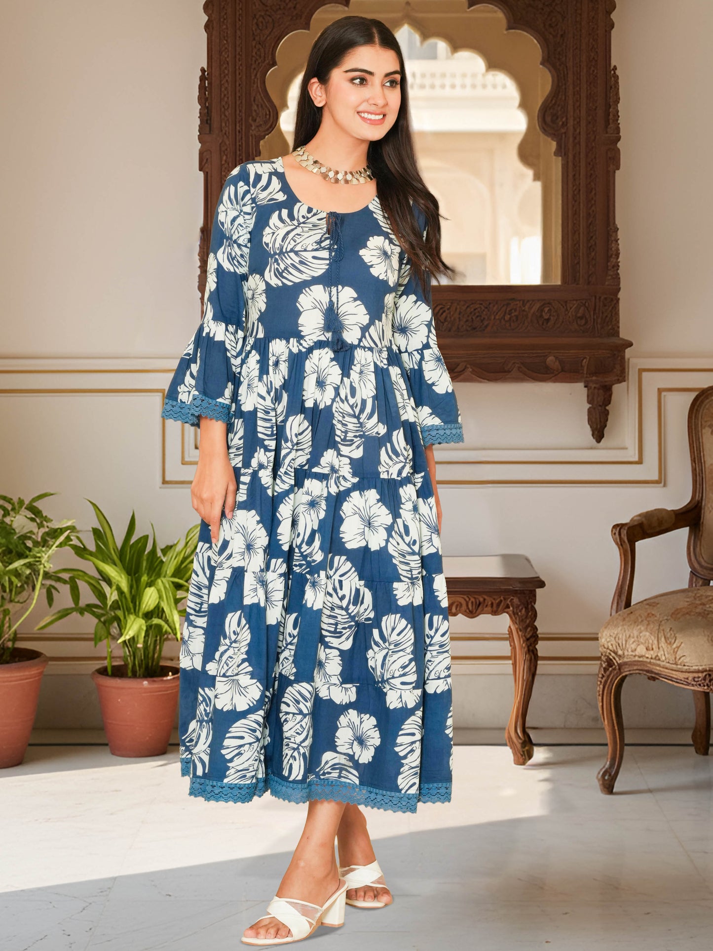 Embroidered Soft Cotton Foliage Tiered Indigo blue Kurta