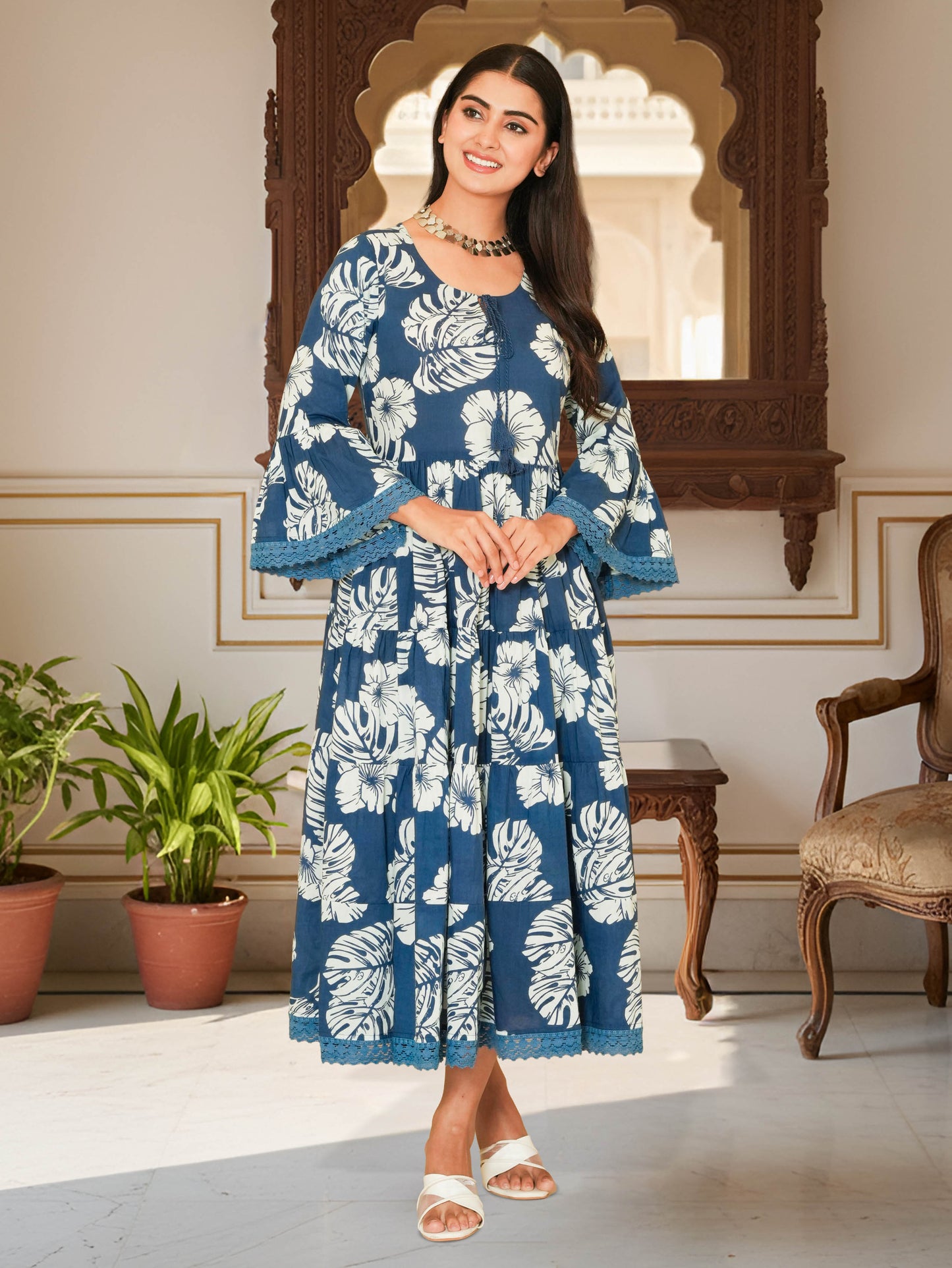 Embroidered Soft Cotton Foliage Tiered Indigo blue Kurta