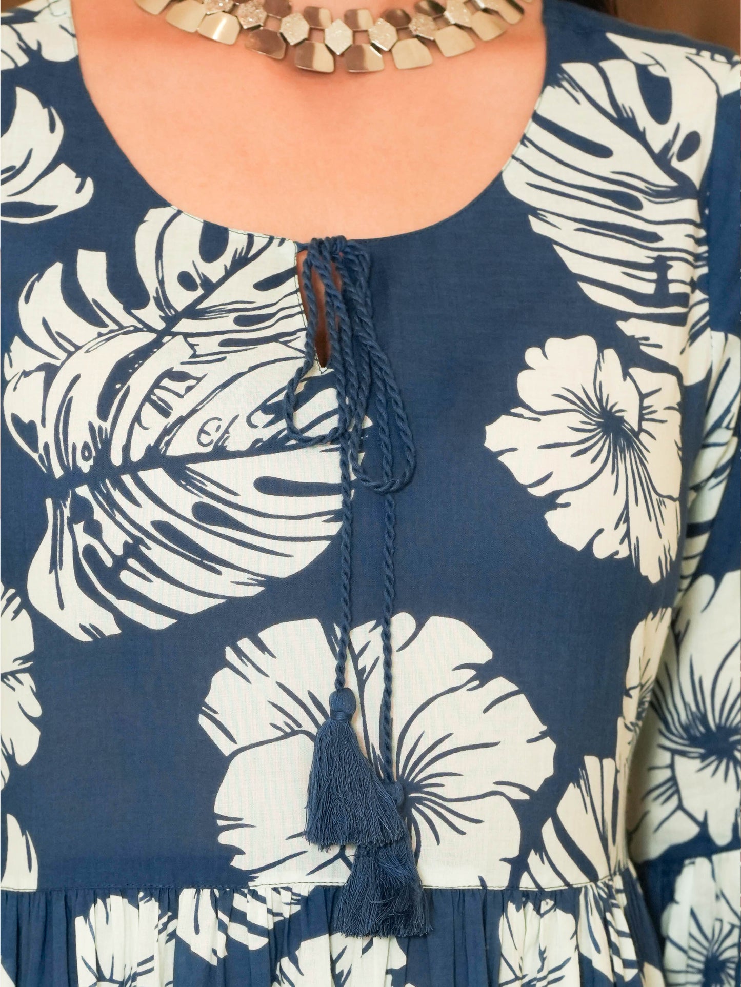 Embroidered Soft Cotton Foliage Tiered Indigo blue Kurta