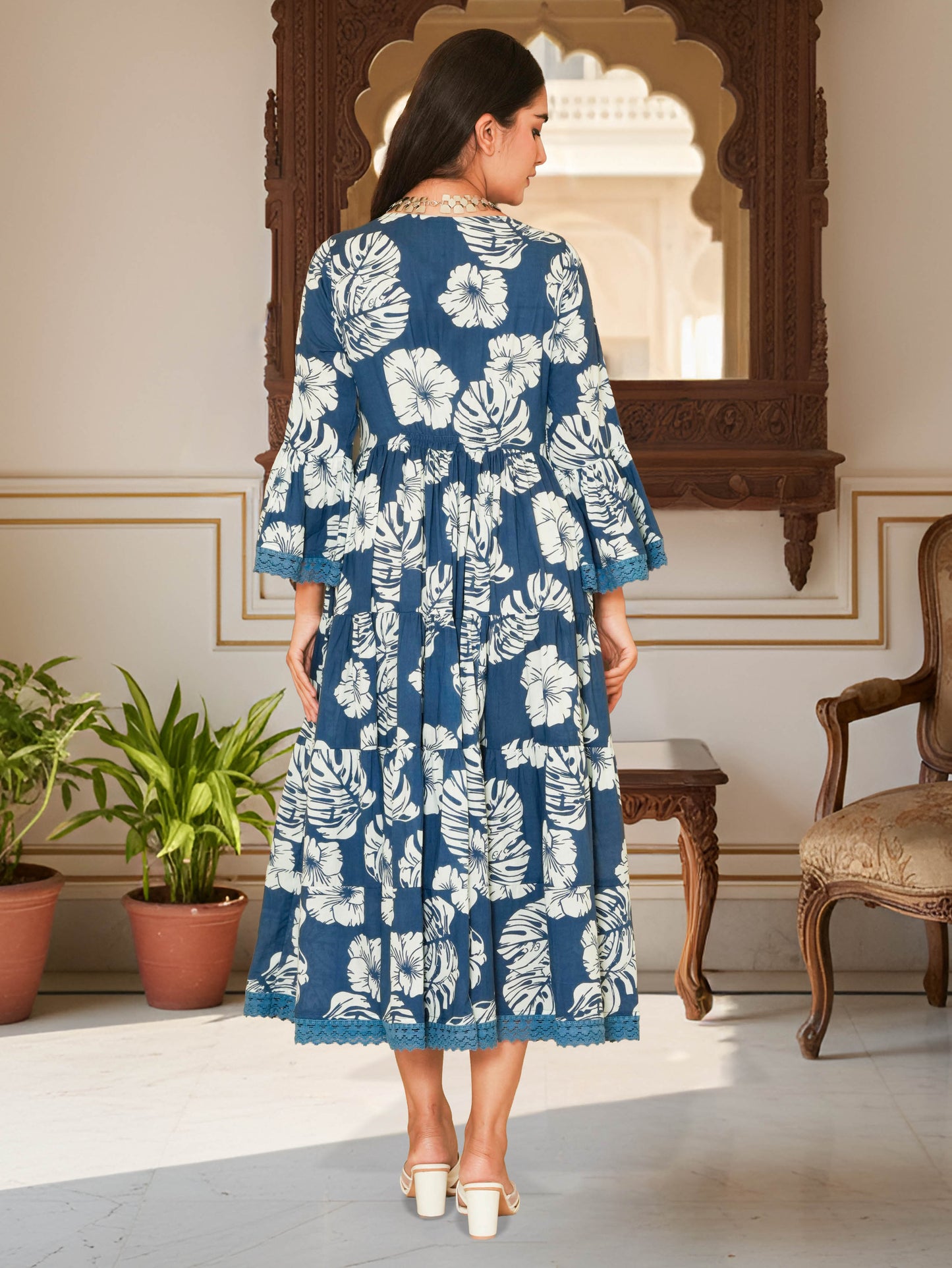 Embroidered Soft Cotton Foliage Tiered Indigo blue Kurta