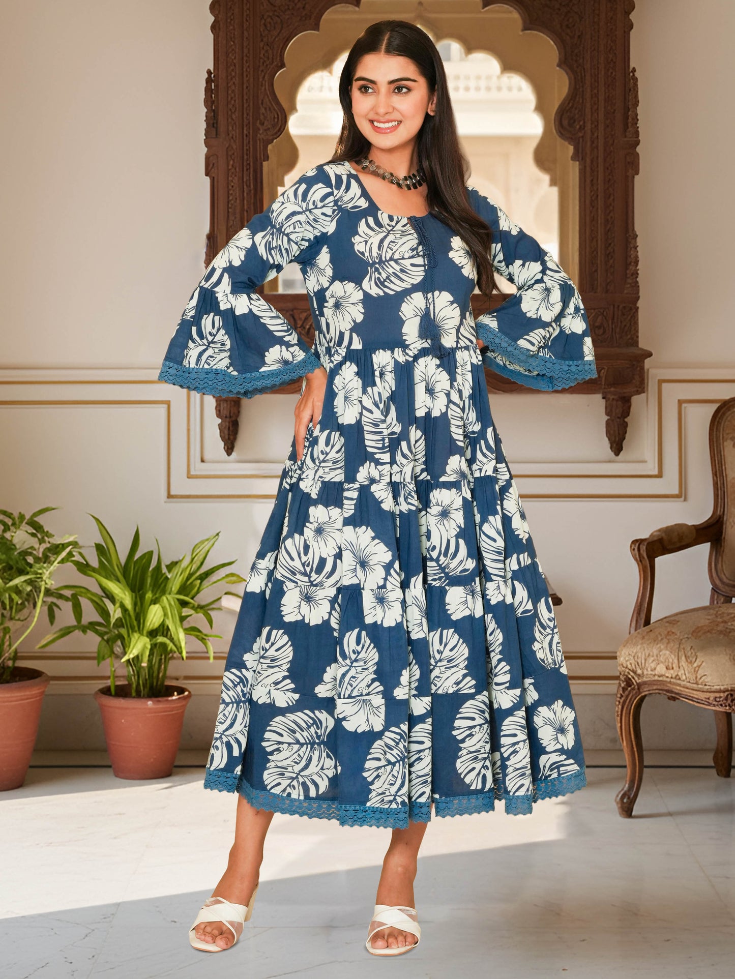 Embroidered Soft Cotton Foliage Tiered Indigo blue Kurta