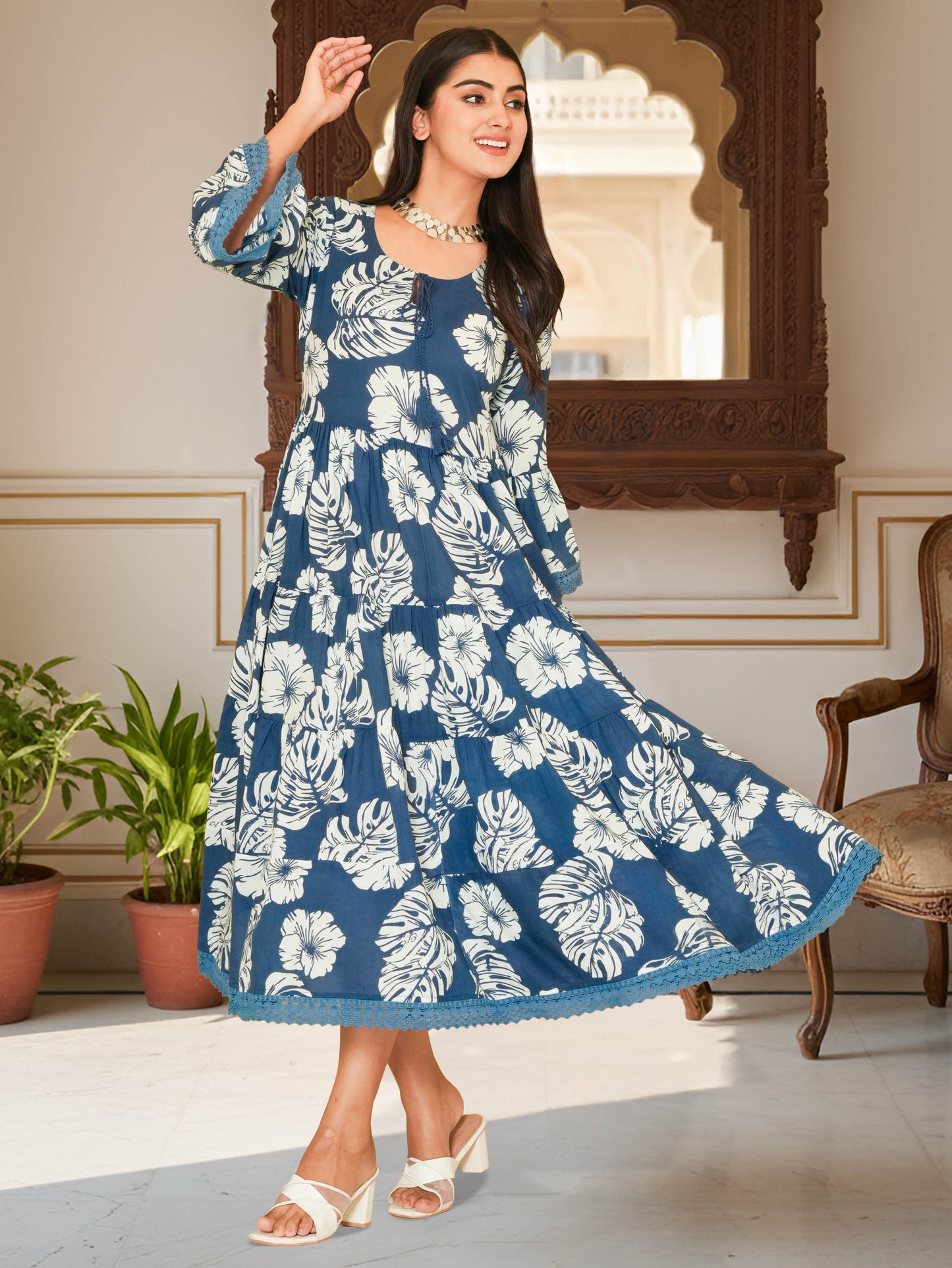 Embroidered Soft Cotton Foliage Tiered Indigo blue Kurta