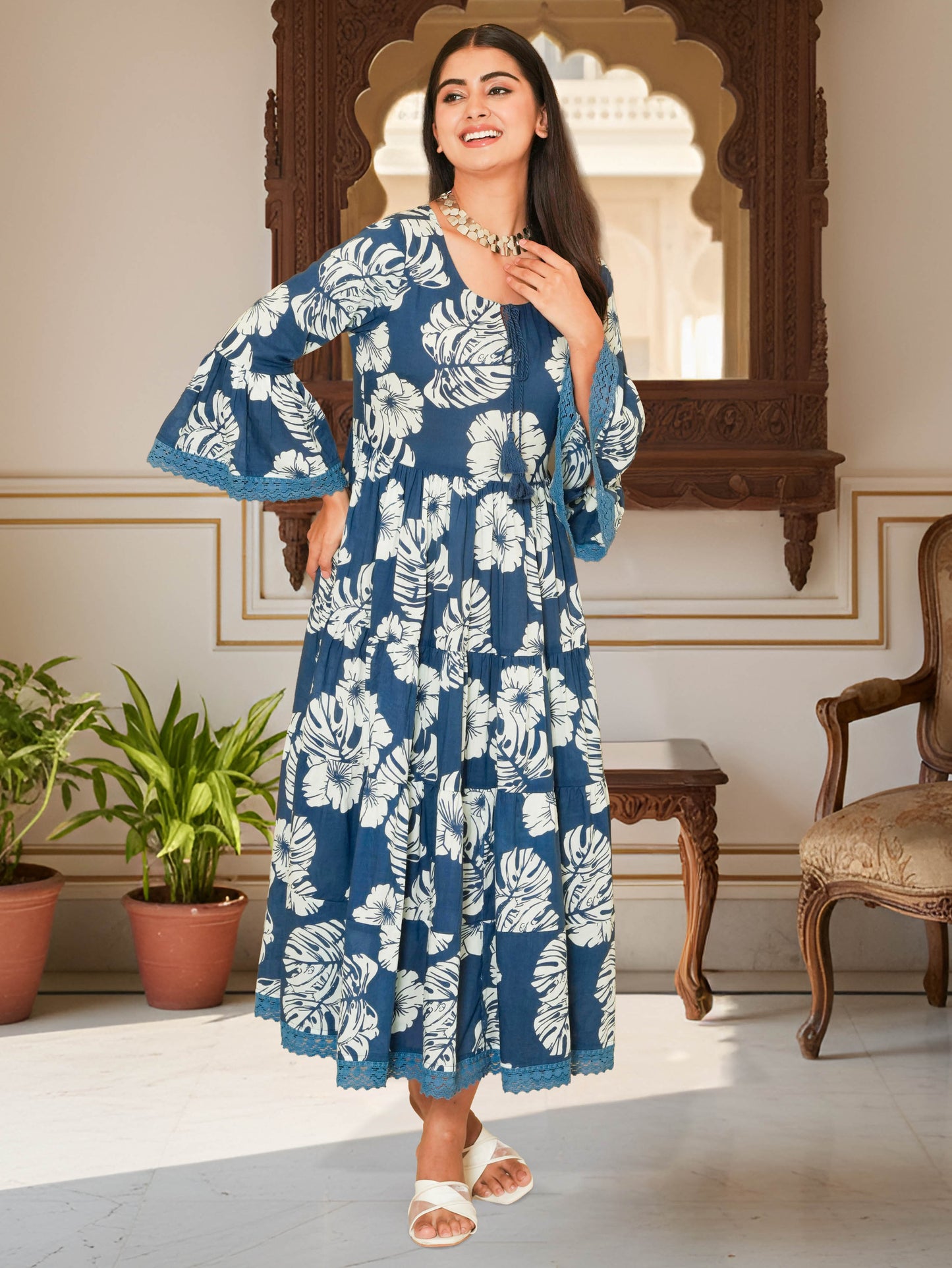 Embroidered Soft Cotton Foliage Tiered Indigo blue Kurta