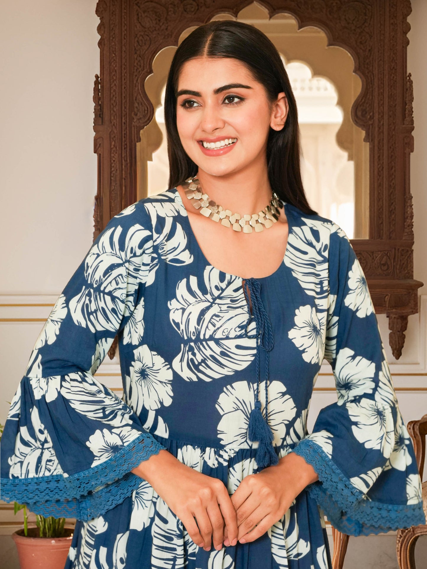 Embroidered Soft Cotton Foliage Tiered Indigo blue Kurta