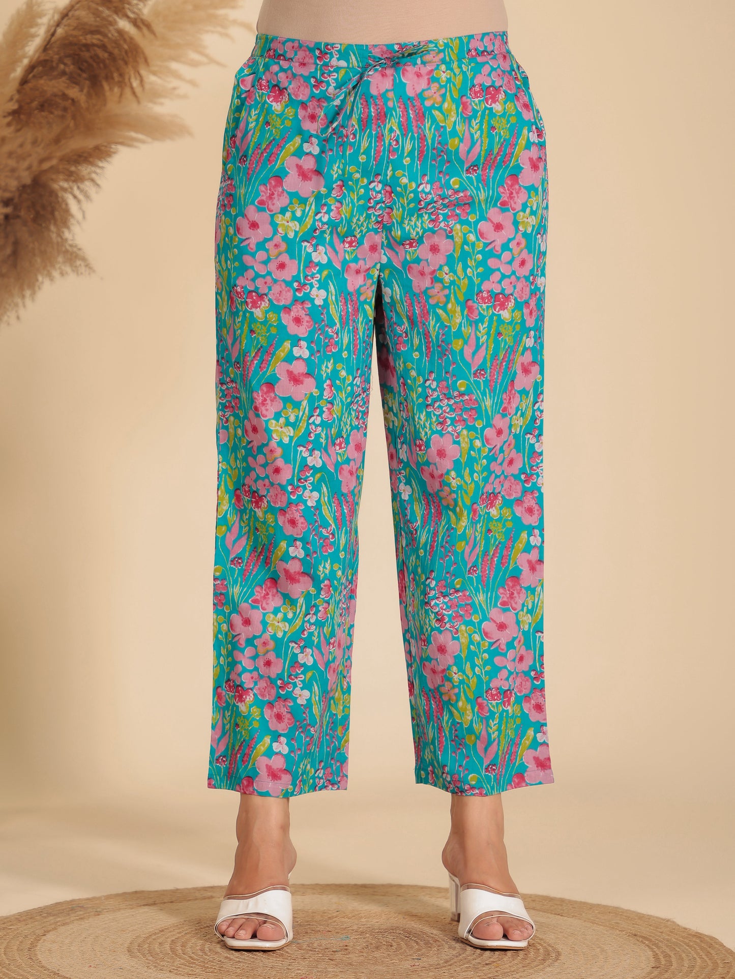 Soft Cotton Floral Blue Straight Trousers