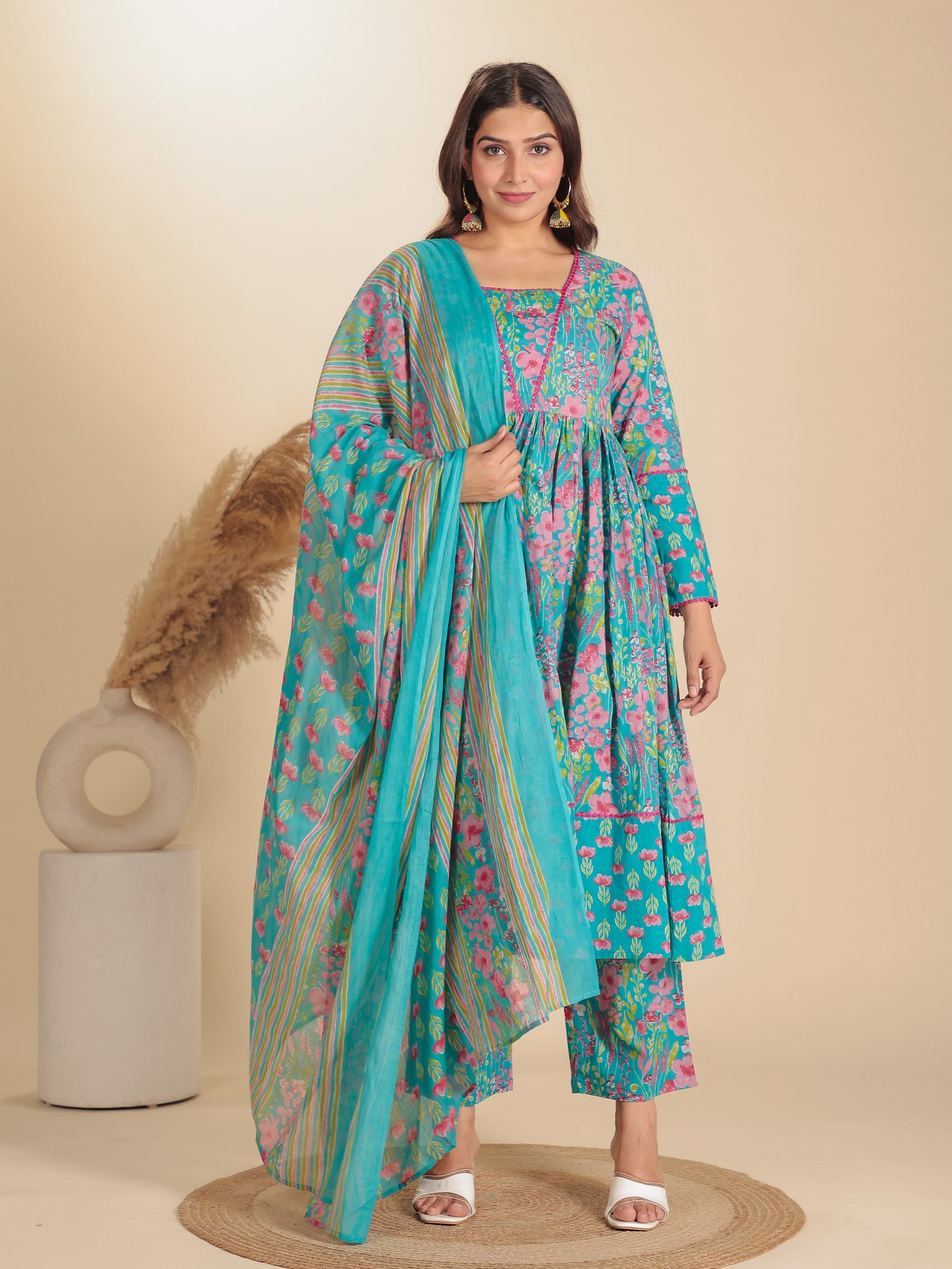 Voile Cotton Floral Blue Dupatta