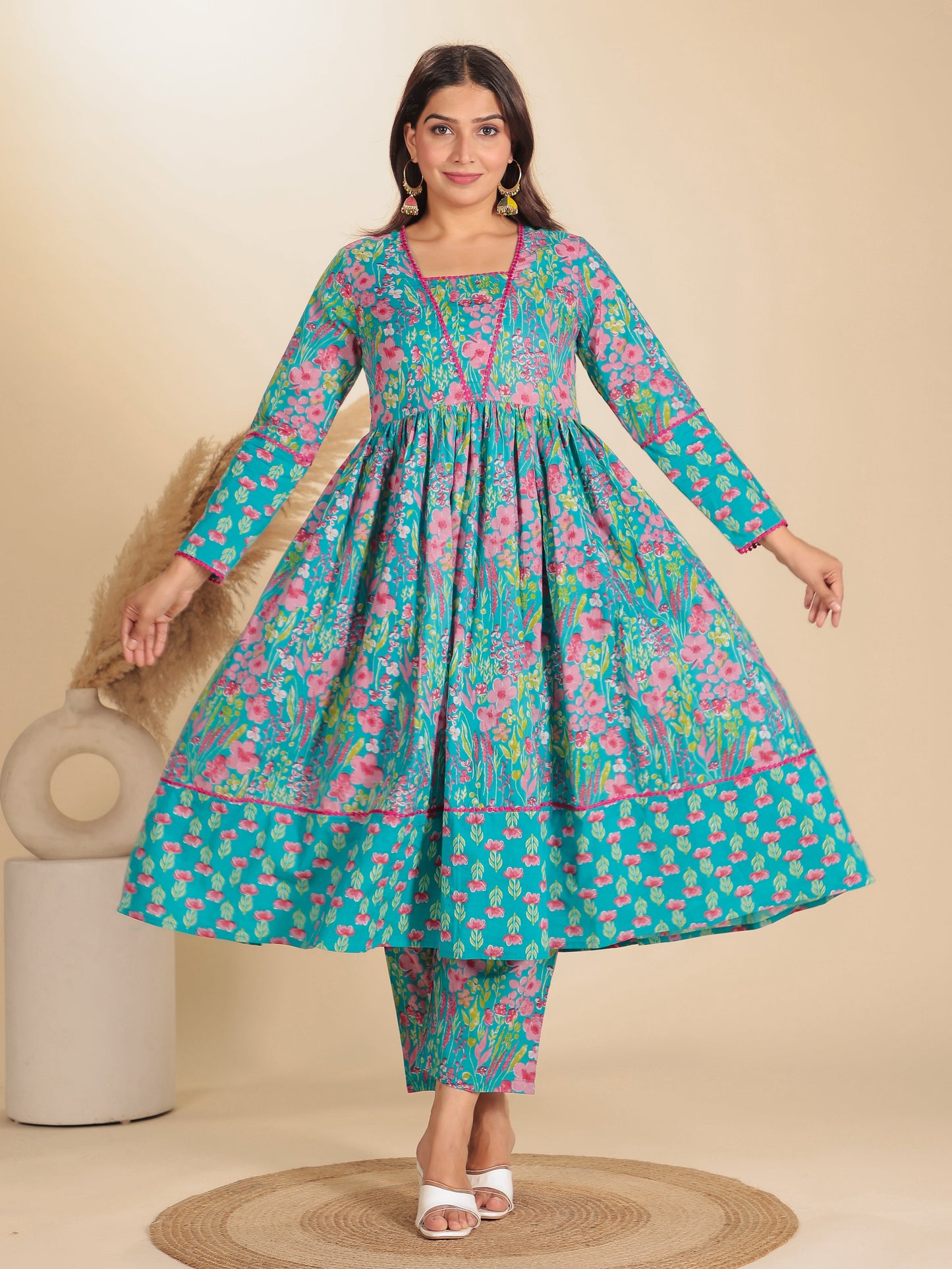 Soft Cotton Floral Anarkali Blue Kurta