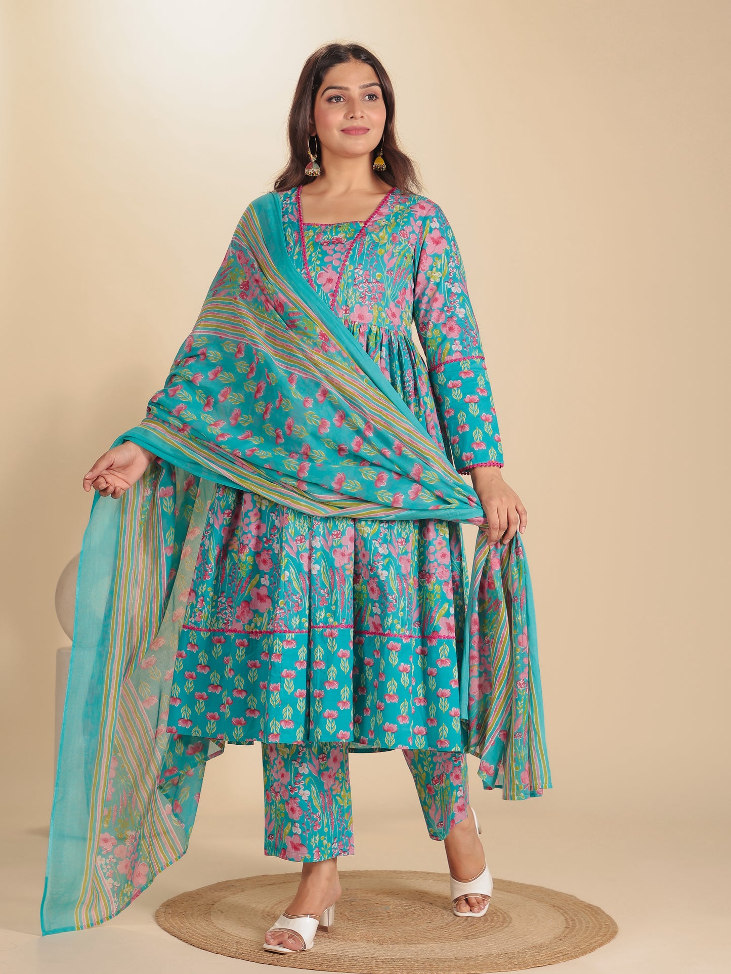 Soft Cotton Floral Anarkali Blue Kurta