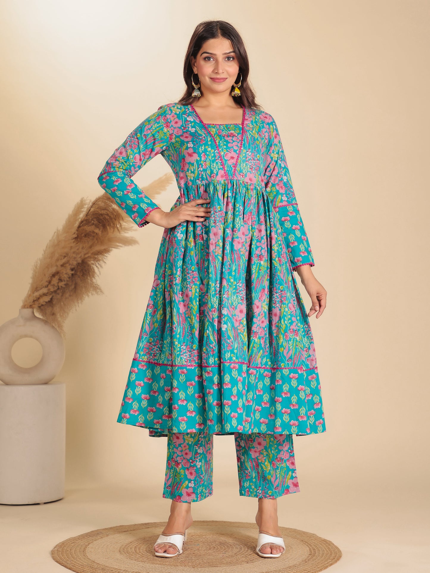 Soft Cotton Floral Anarkali Blue Kurta