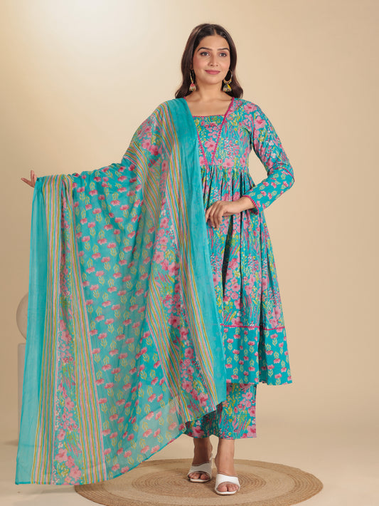 Soft Cotton Floral Anarkali Blue Kurta