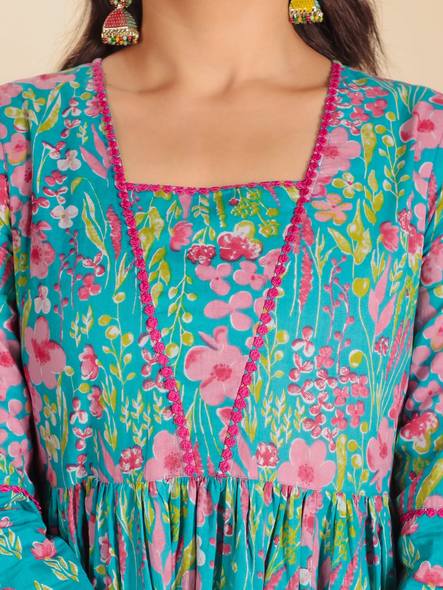 Soft Cotton Floral Anarkali Blue Kurta