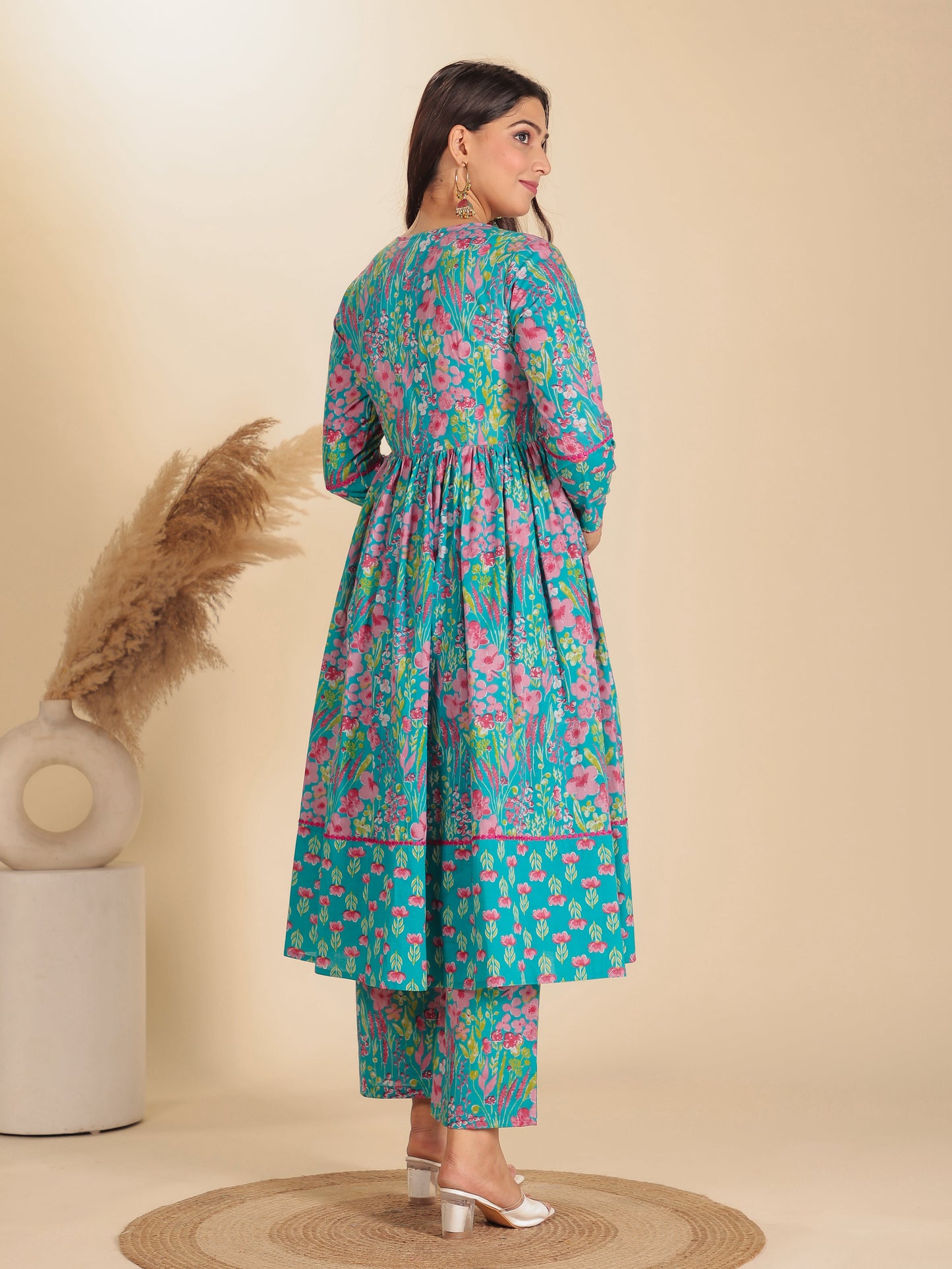 Soft Cotton Floral Anarkali Blue Kurta