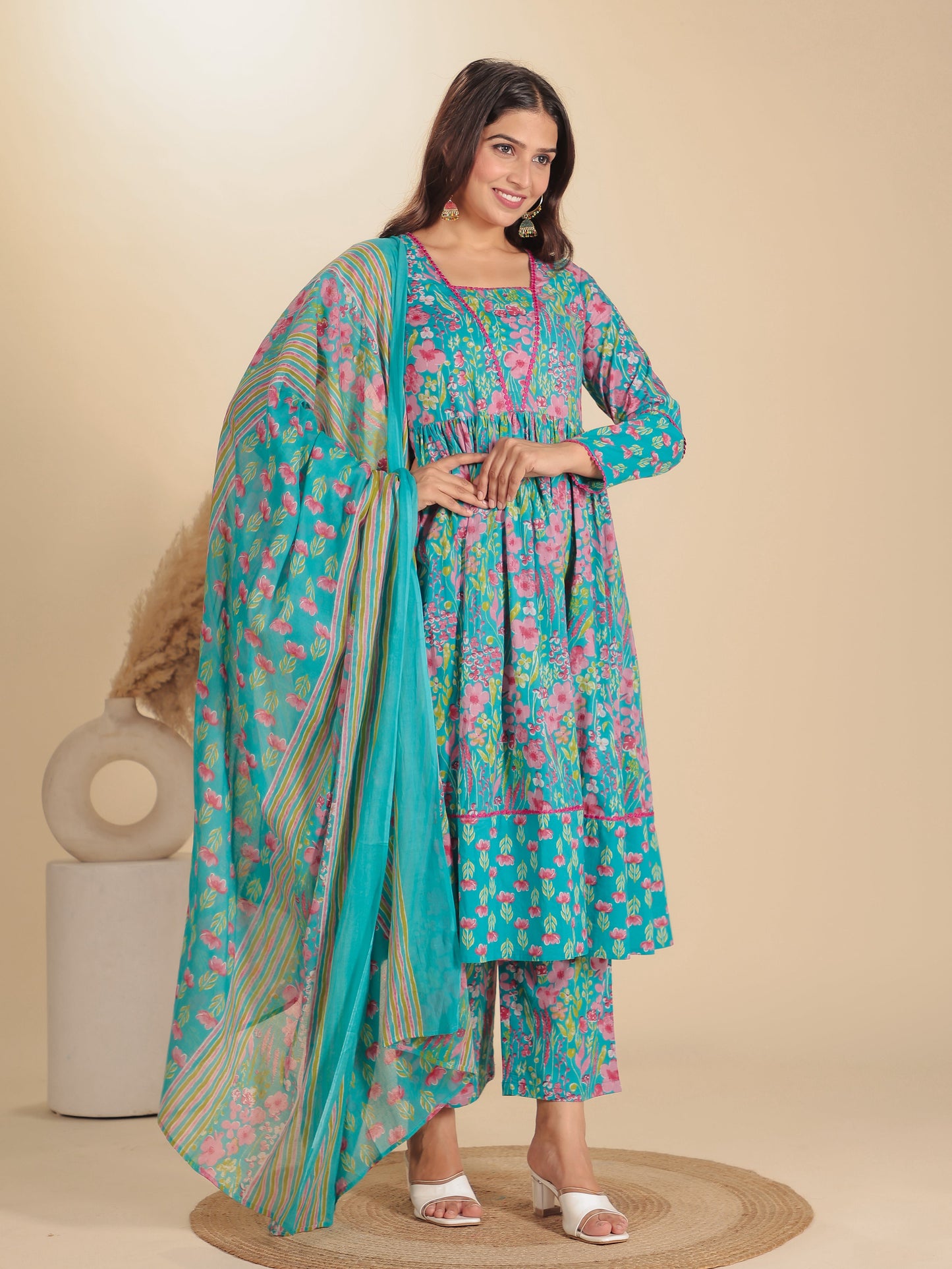 Soft Cotton Floral Anarkali Blue Kurta