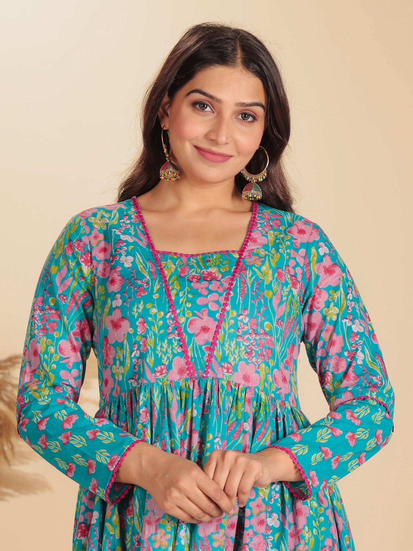 Soft Cotton Floral Anarkali Blue Kurta