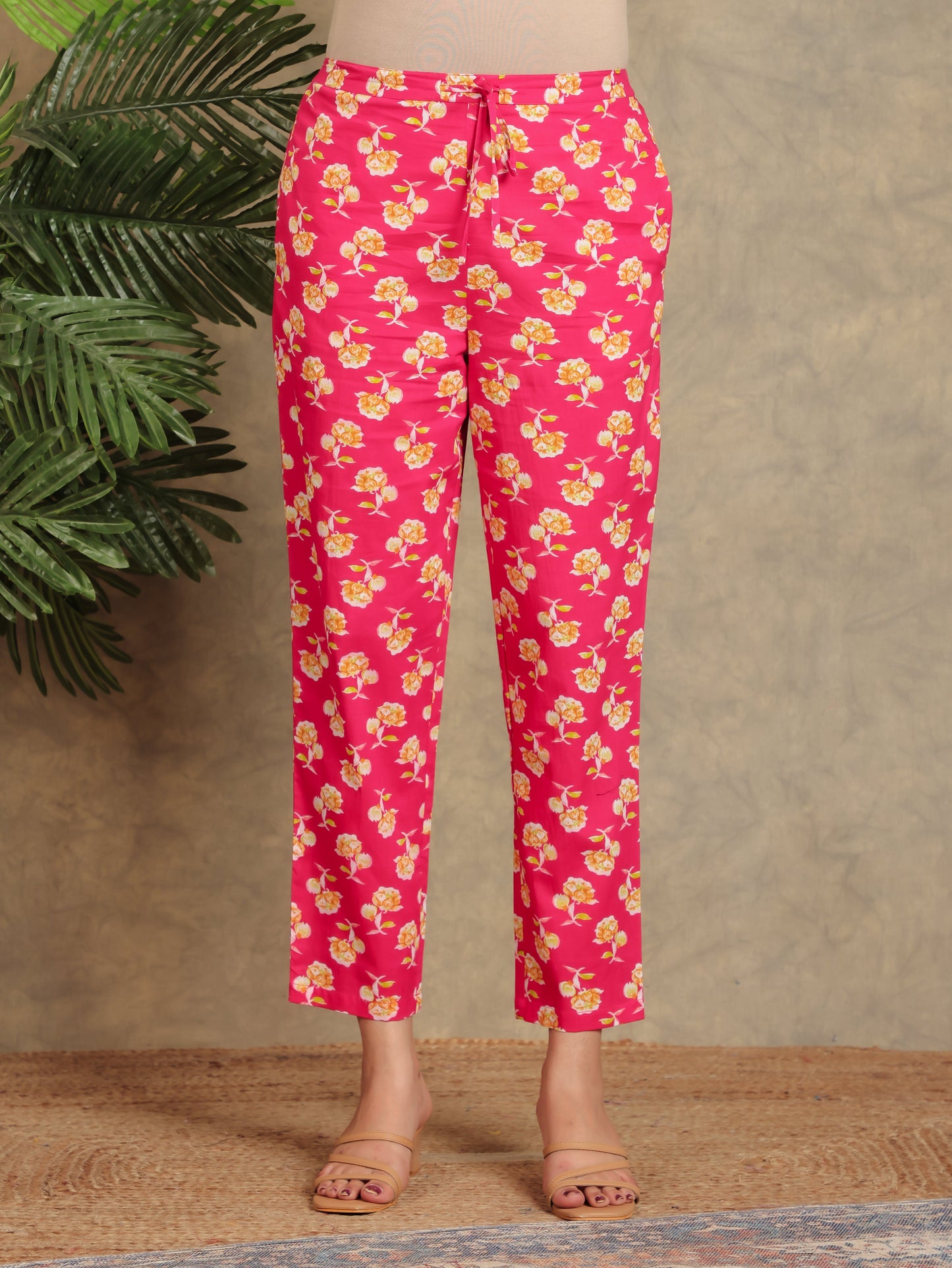 Soft Cotton Floral Pink Tapered Trousers