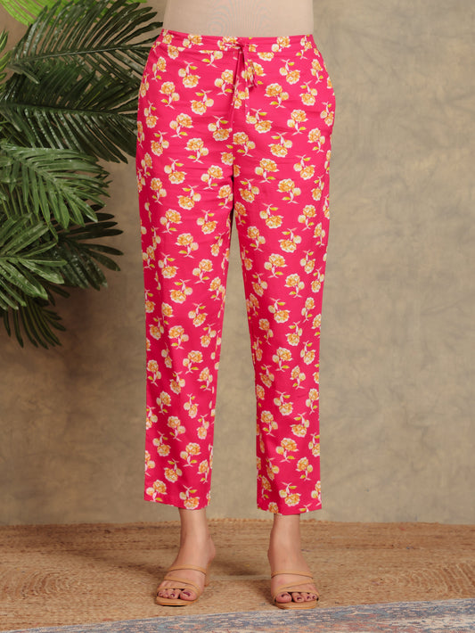 Soft Cotton Floral Pink Tapered Trousers