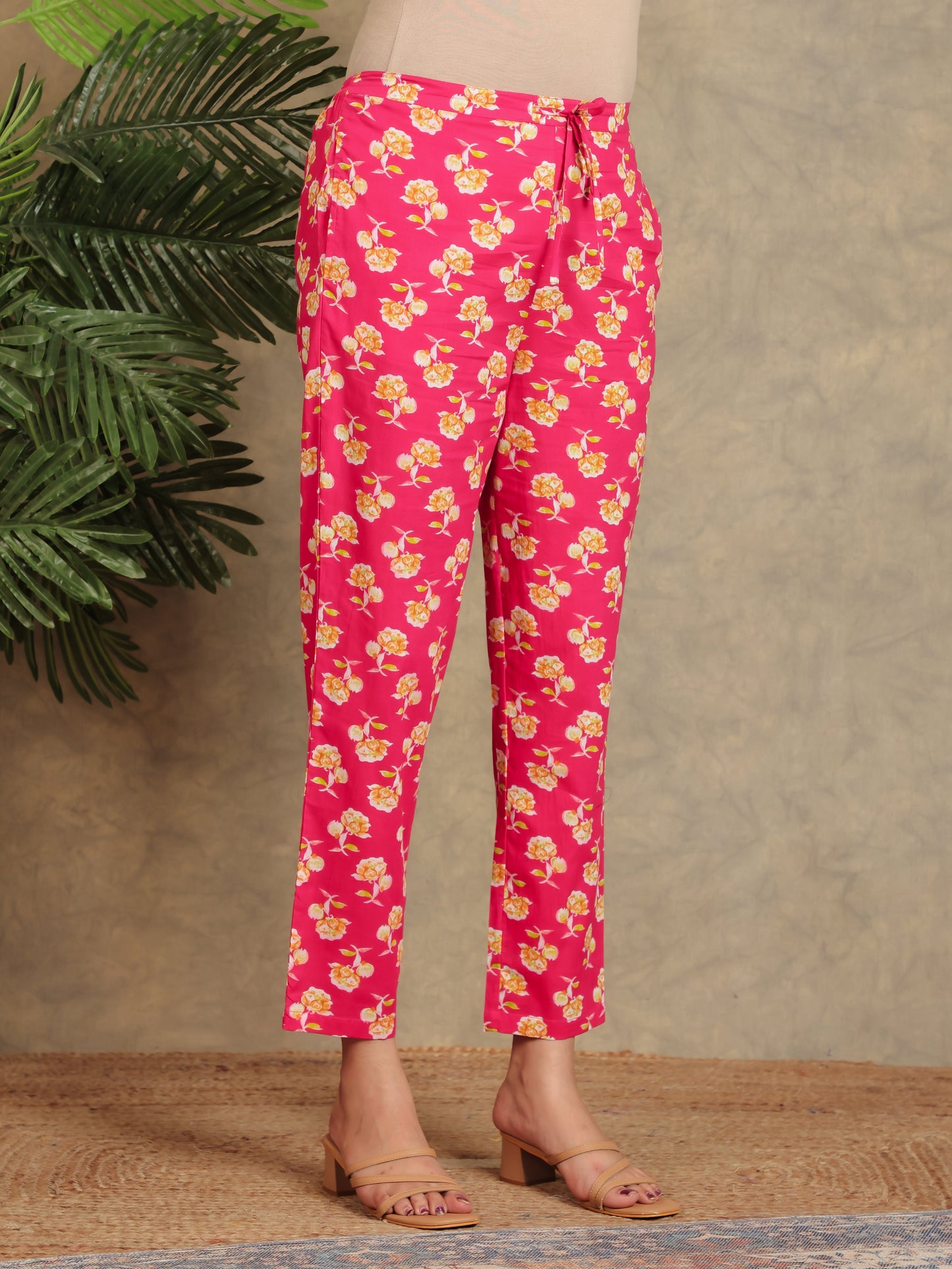 Soft Cotton Floral Pink Tapered Trousers