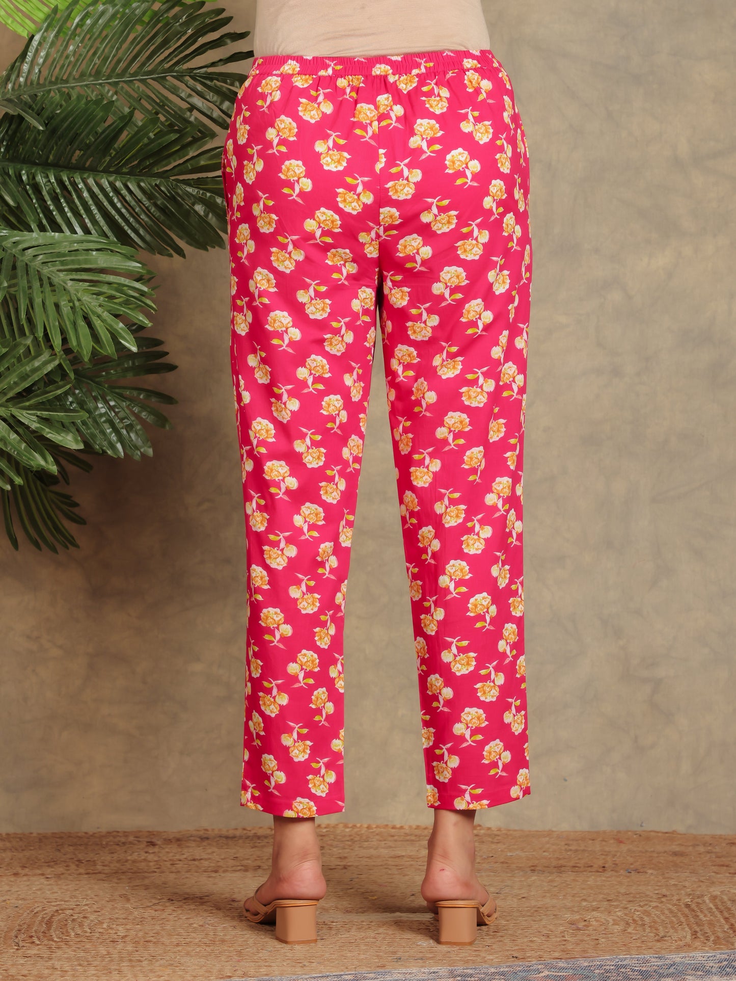 Soft Cotton Floral Pink Tapered Trousers