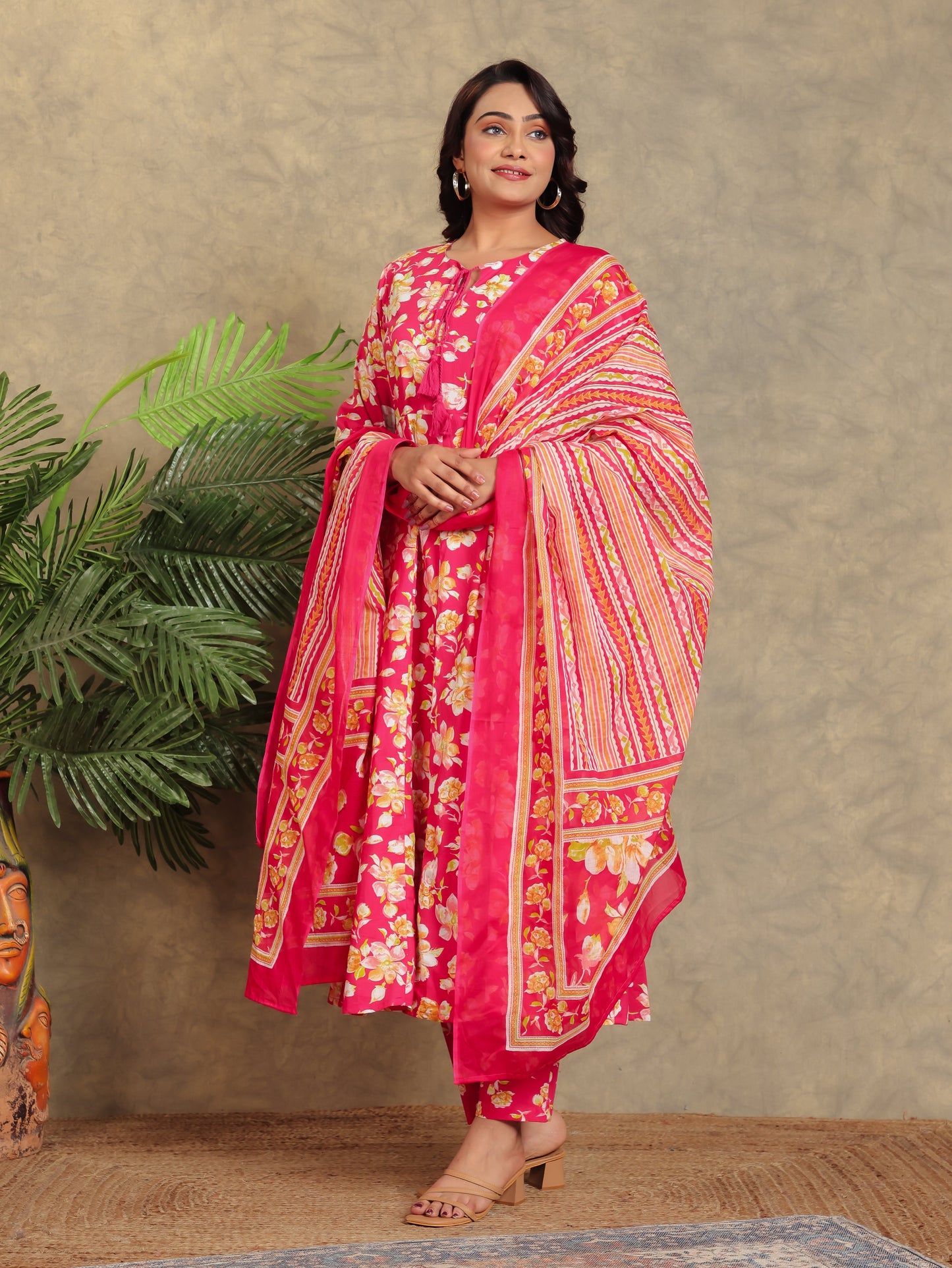 Soft Cotton Floral Flared Pink Kurta