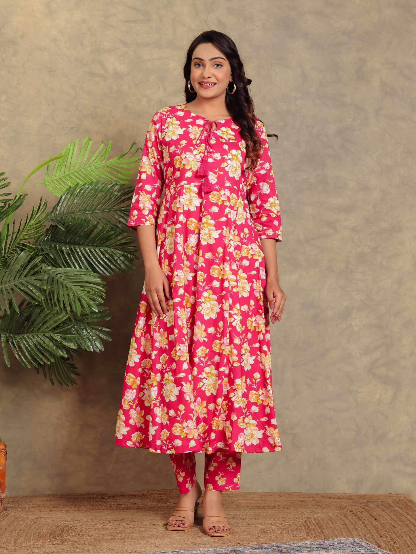 Soft Cotton Floral Flared Pink Kurta
