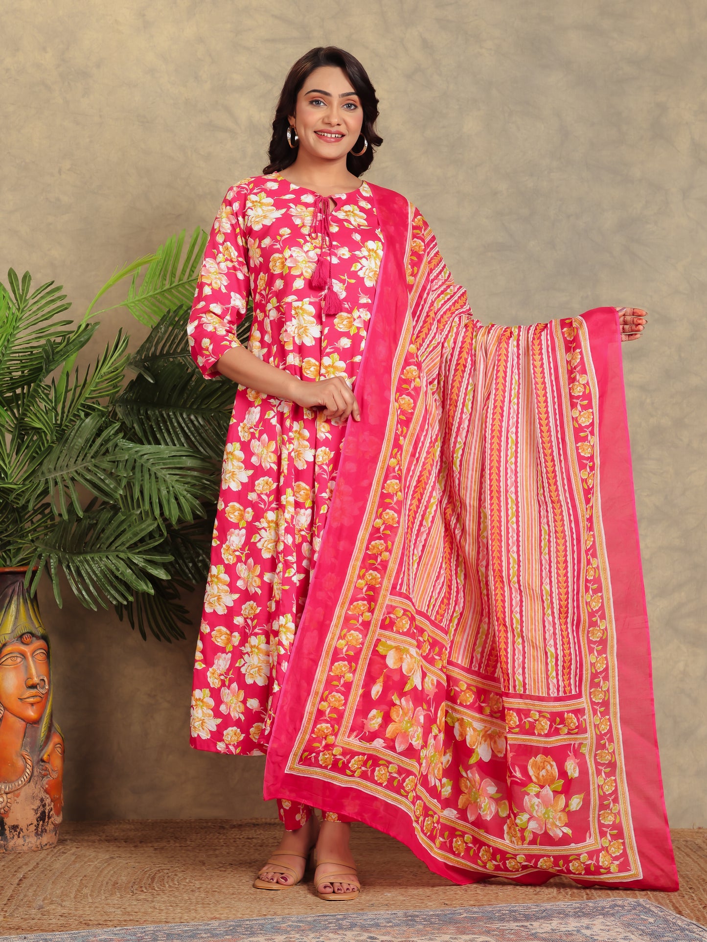 Soft Cotton Floral Flared Pink Kurta