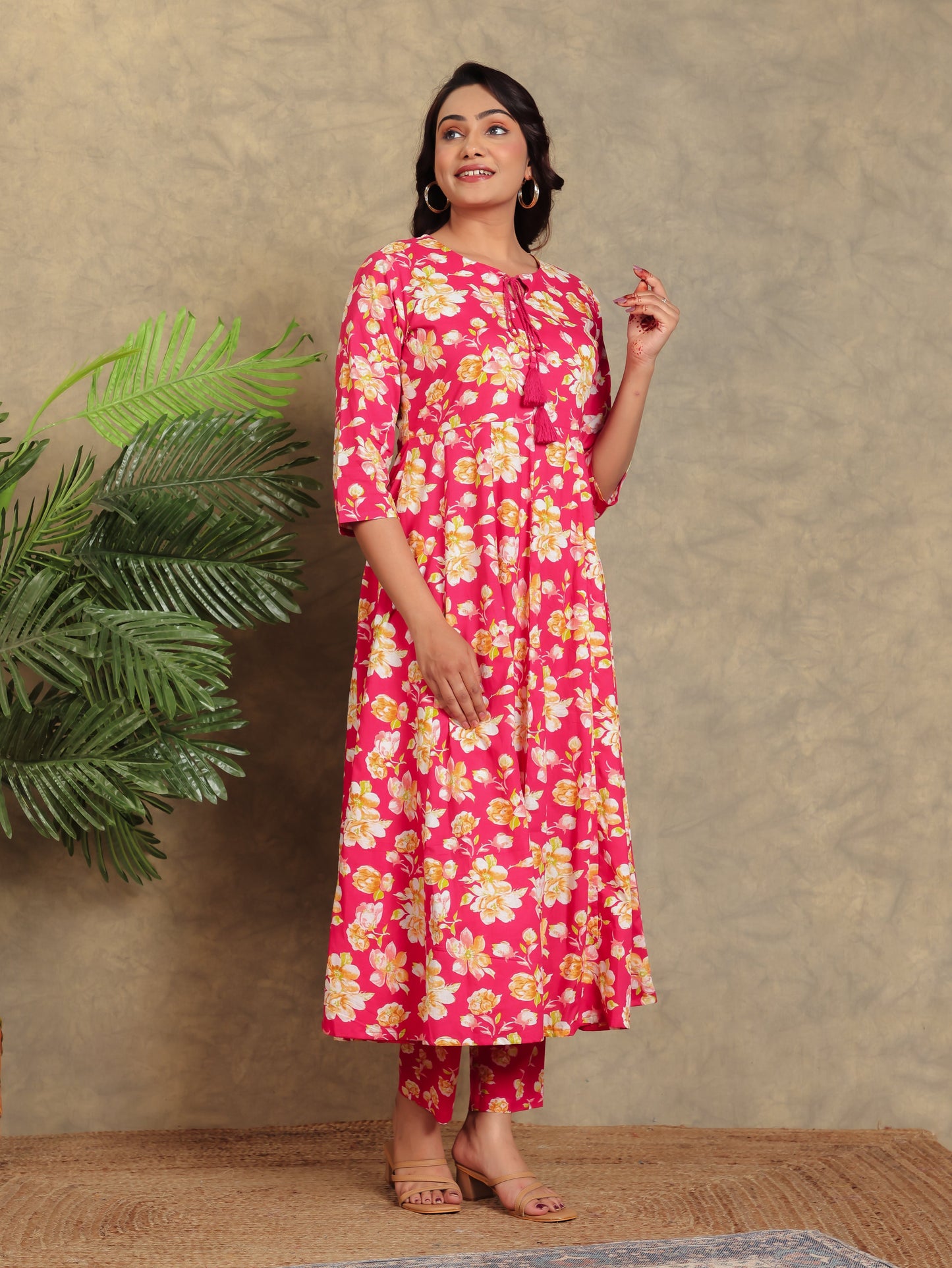 Soft Cotton Floral Flared Pink Kurta