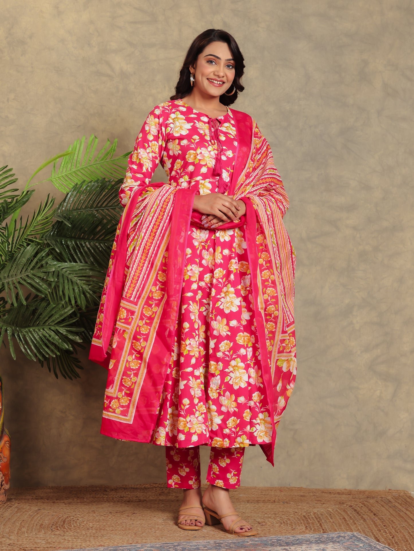 Soft Cotton Floral Flared Pink Kurta