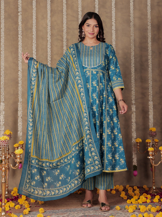 Soft Cotton Floral Anarkali Blue Kurta