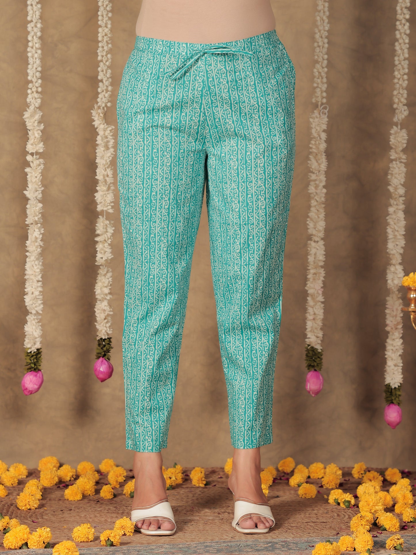 Soft Cotton Block Blue Tapered Trousers