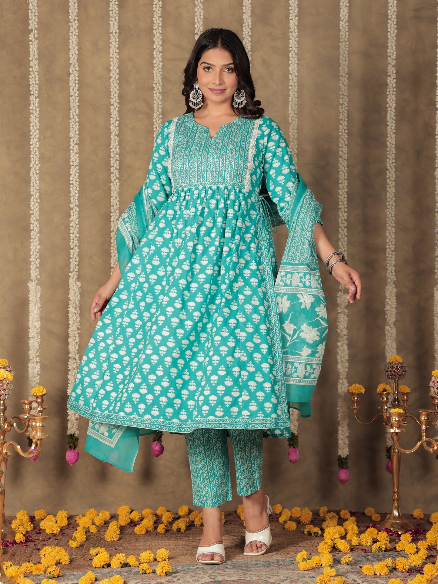 Soft Cotton Block A-line Blue Kurta