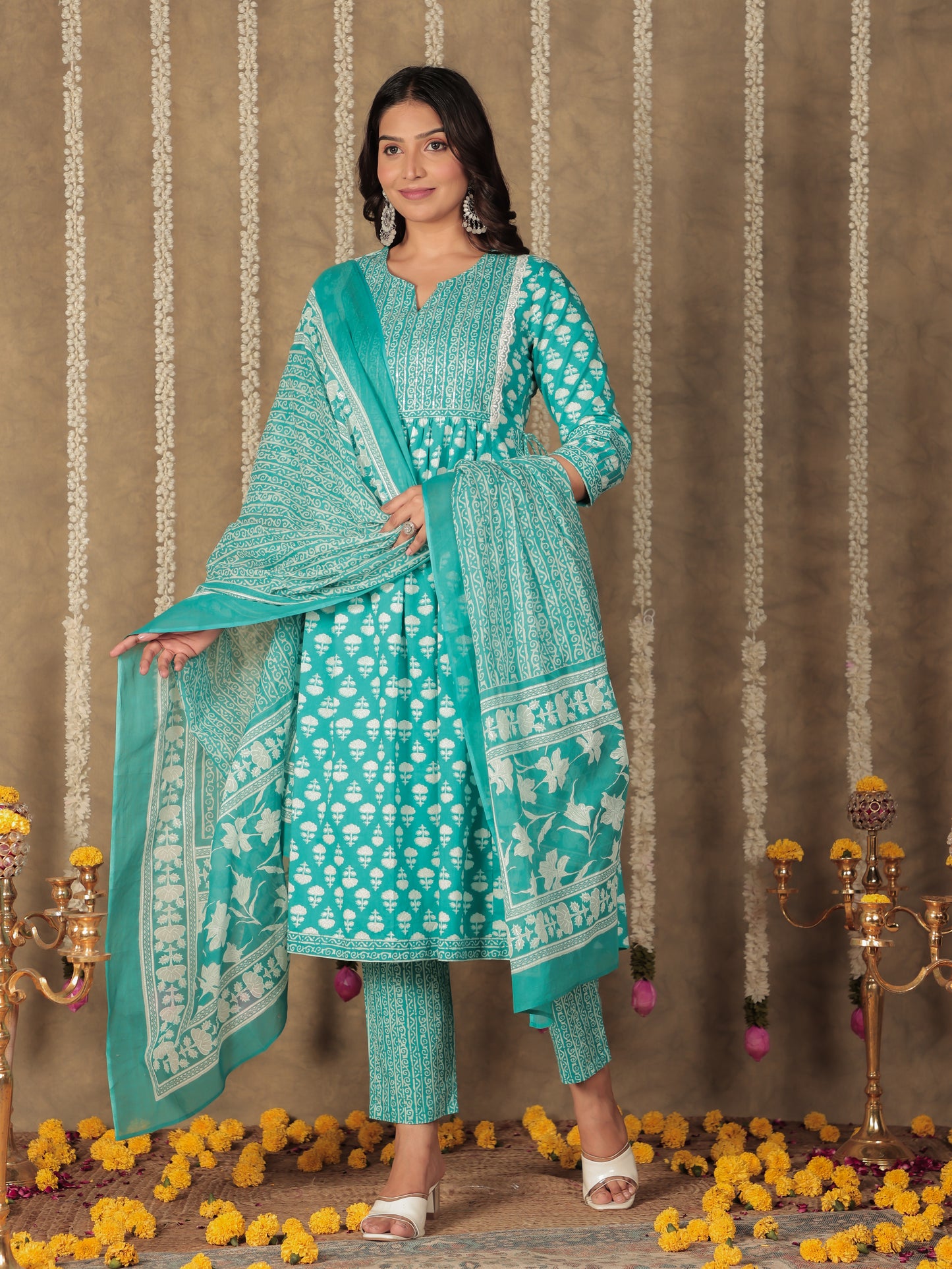 Soft Cotton Block A-line Blue Kurta
