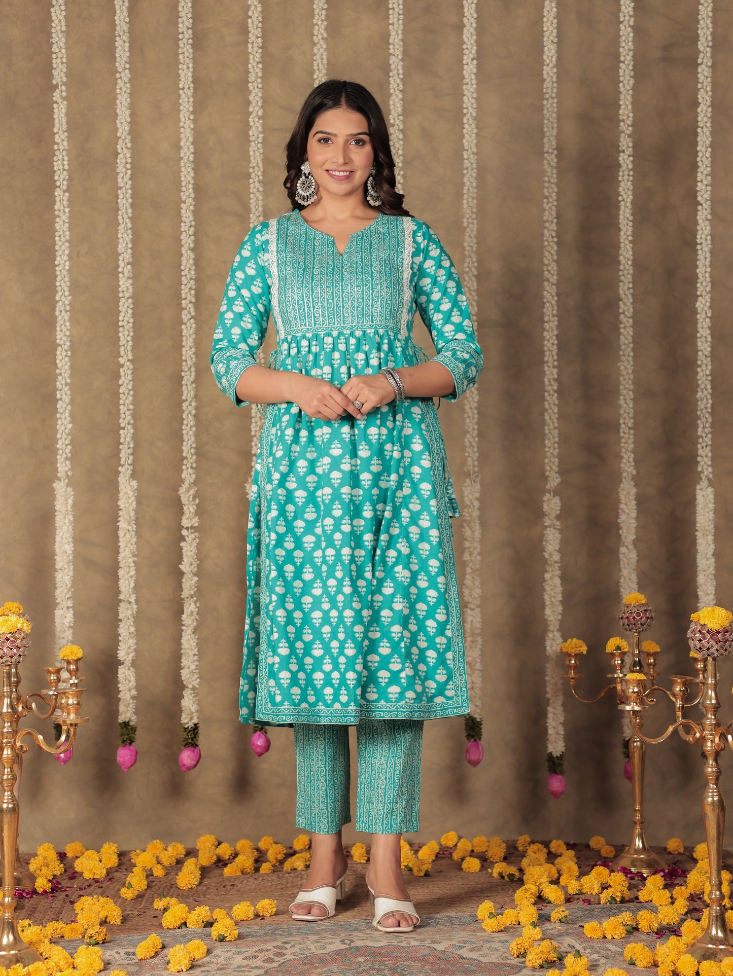 Soft Cotton Block A-line Blue Kurta