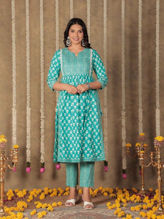 Soft Cotton Block A-line Blue Kurta