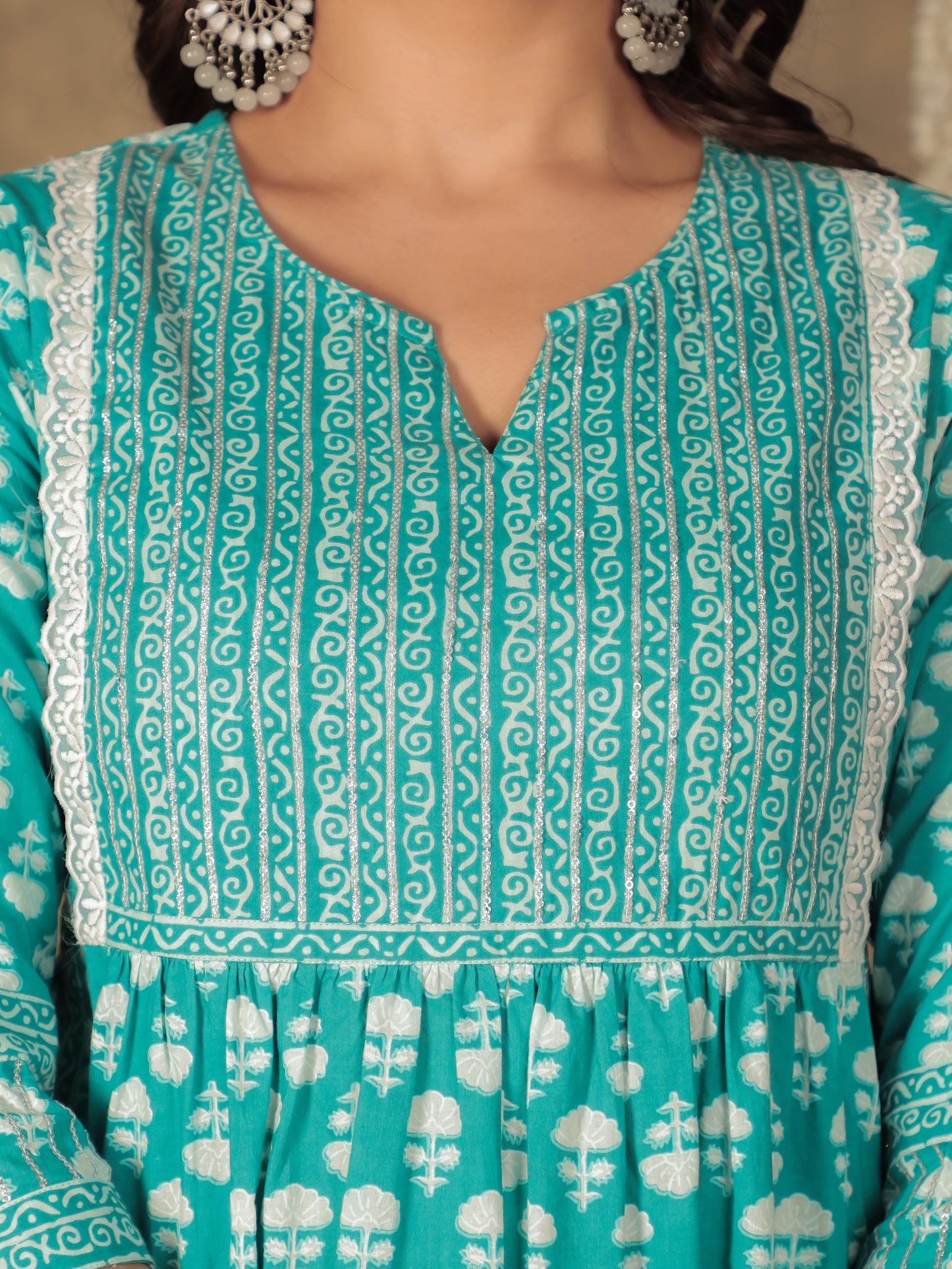 Soft Cotton Block A-line Blue Kurta