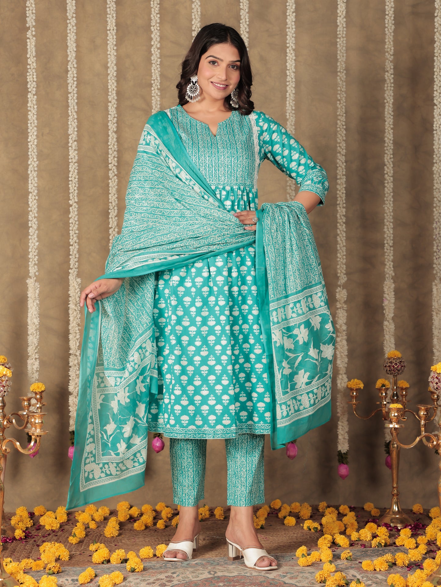 Soft Cotton Block A-line Blue Kurta