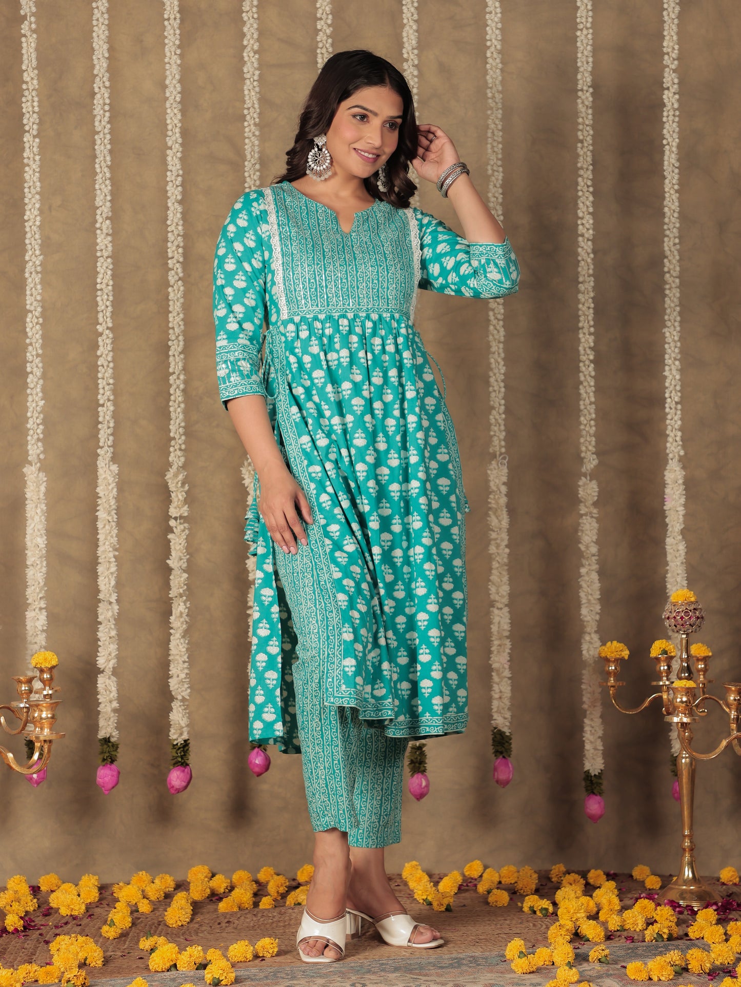 Soft Cotton Block A-line Blue Kurta
