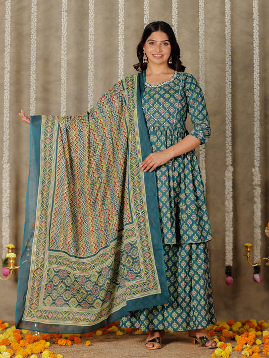 Voile Cotton Geometric Green Dupatta