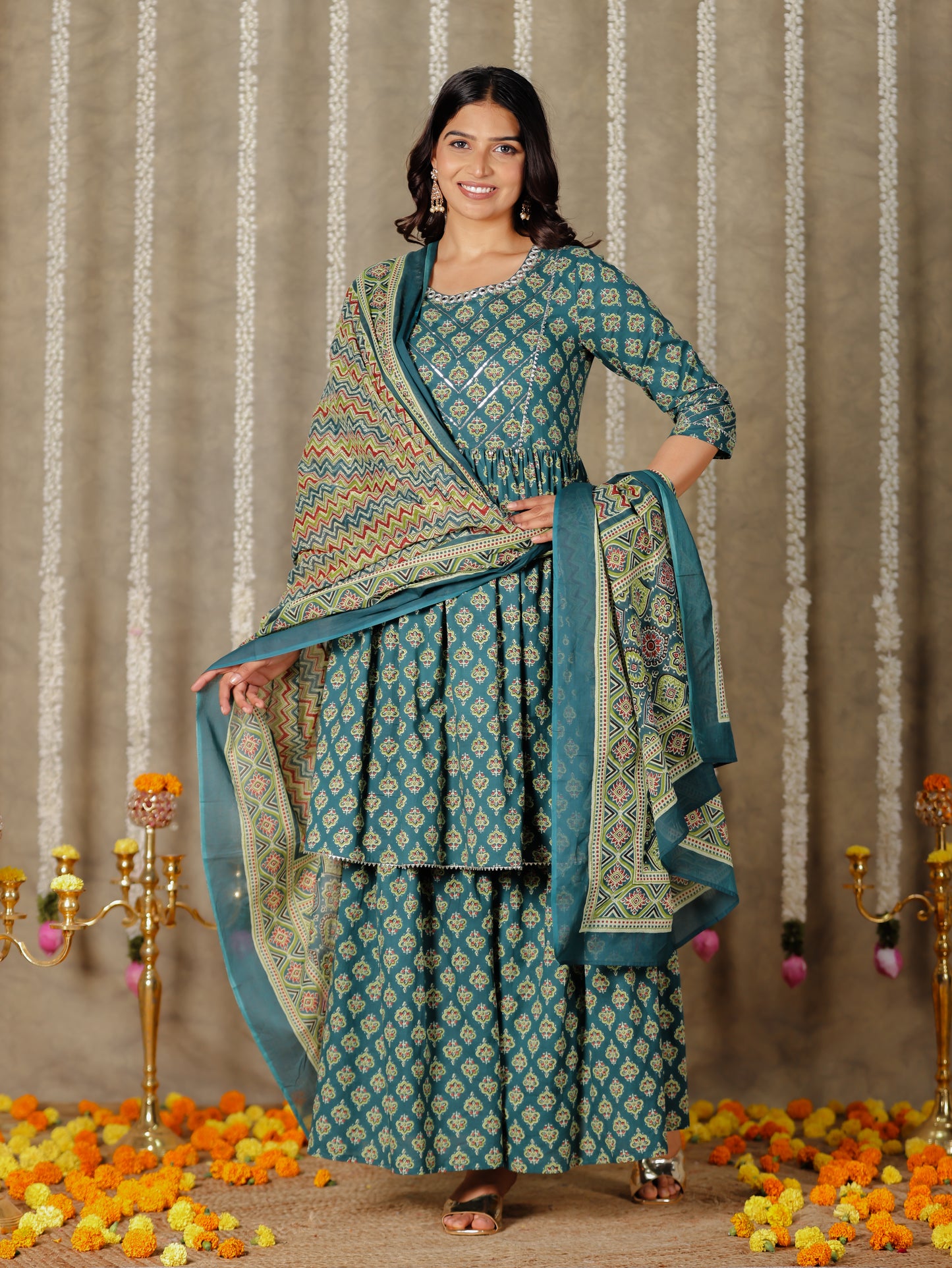 Voile Cotton Geometric Green Dupatta