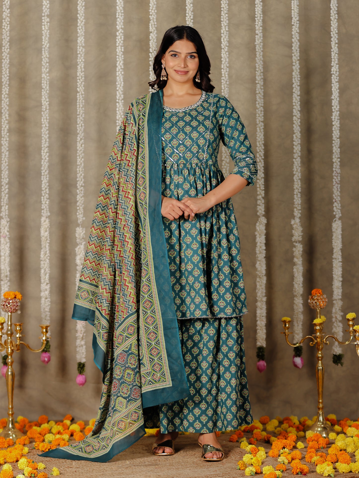 Voile Cotton Geometric Green Dupatta