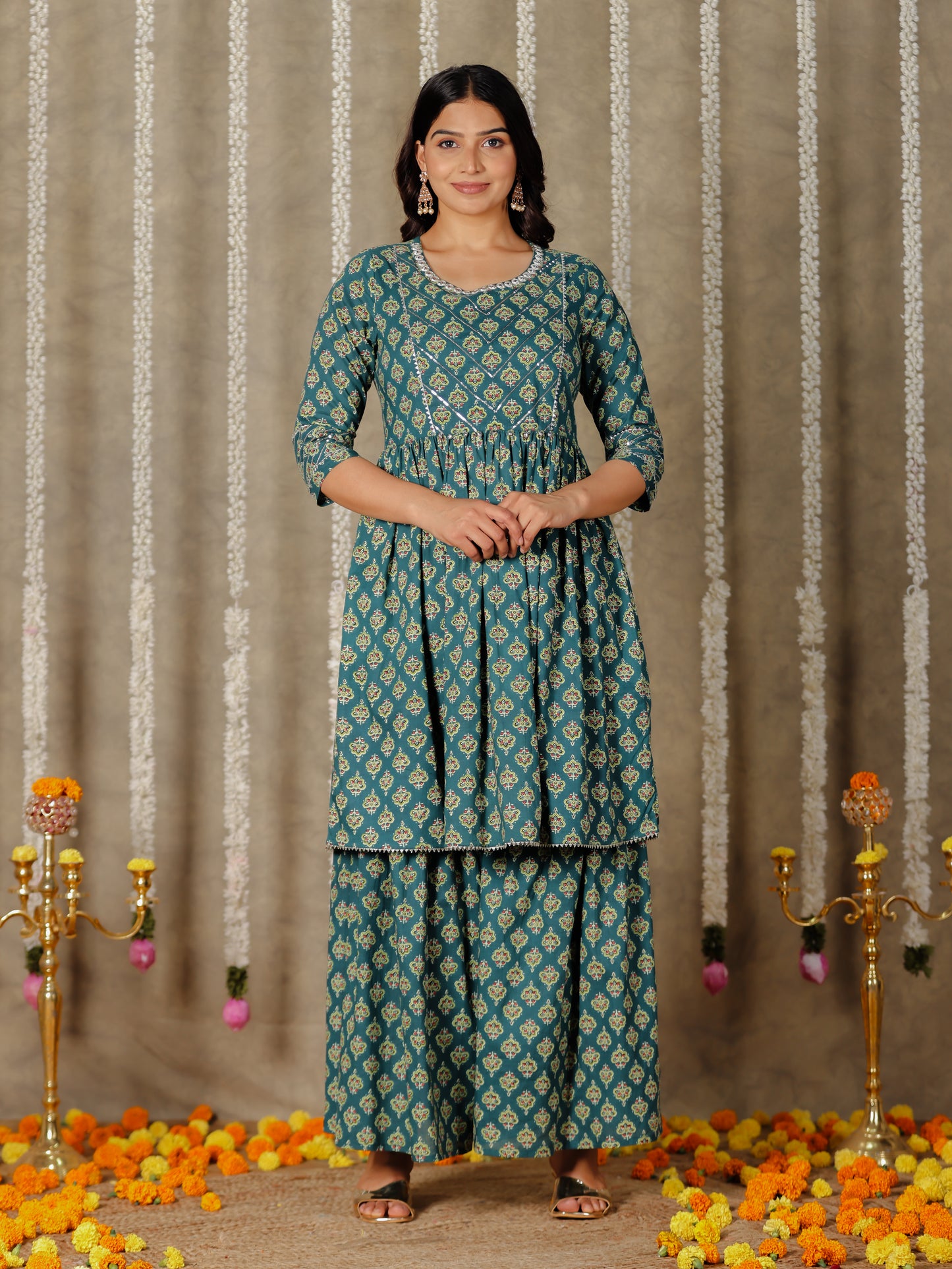 Embroidered Soft Cotton Butti Flared Green Kurta