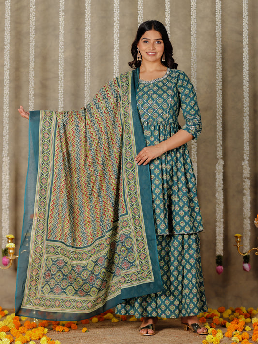 Embroidered Soft Cotton Butti Flared Green Kurta