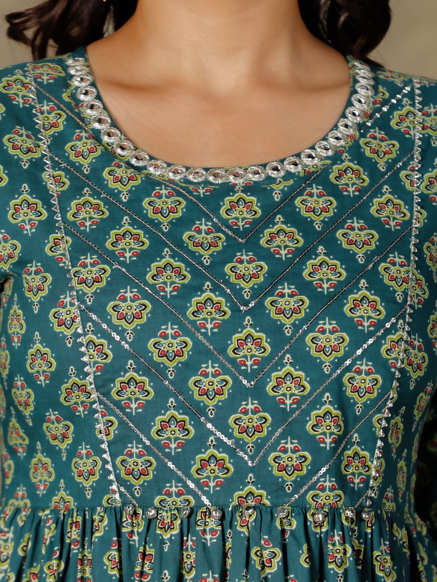 Embroidered Soft Cotton Butti Flared Green Kurta