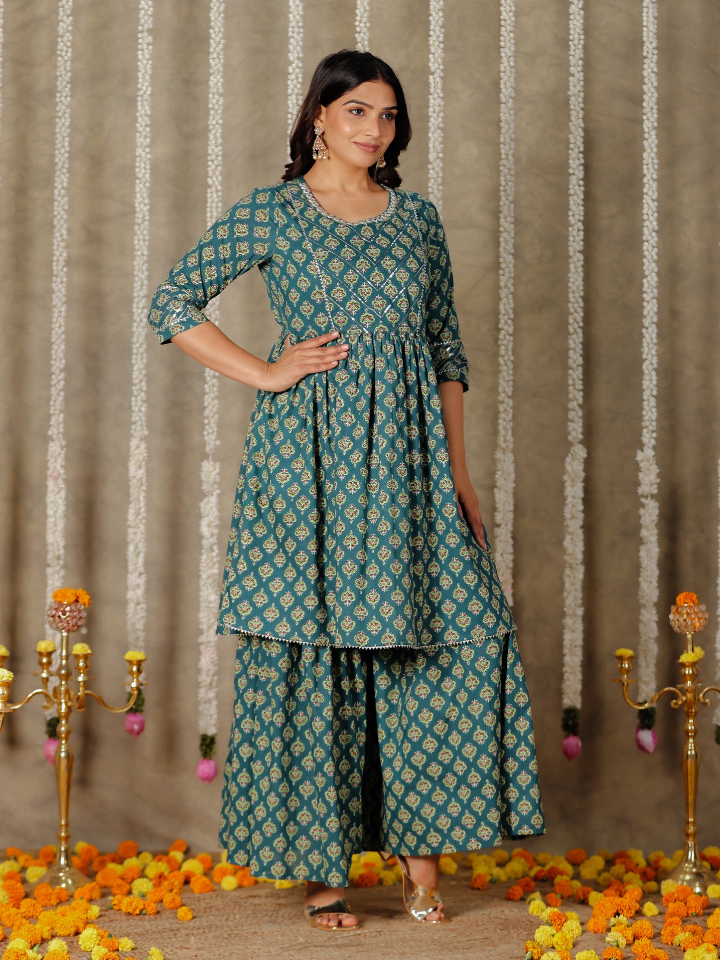 Embroidered Soft Cotton Butti Flared Green Kurta