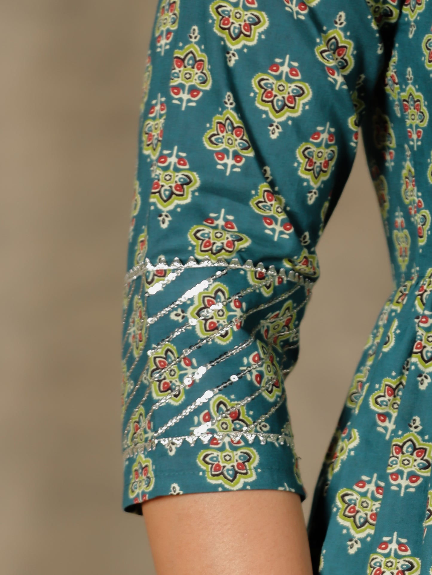 Embroidered Soft Cotton Butti Flared Green Kurta