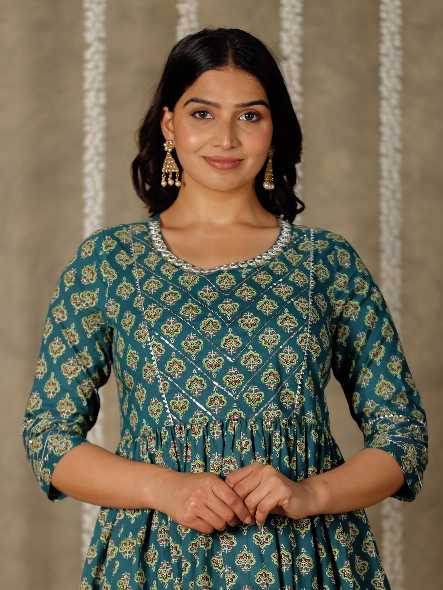 Embroidered Soft Cotton Butti Flared Green Kurta