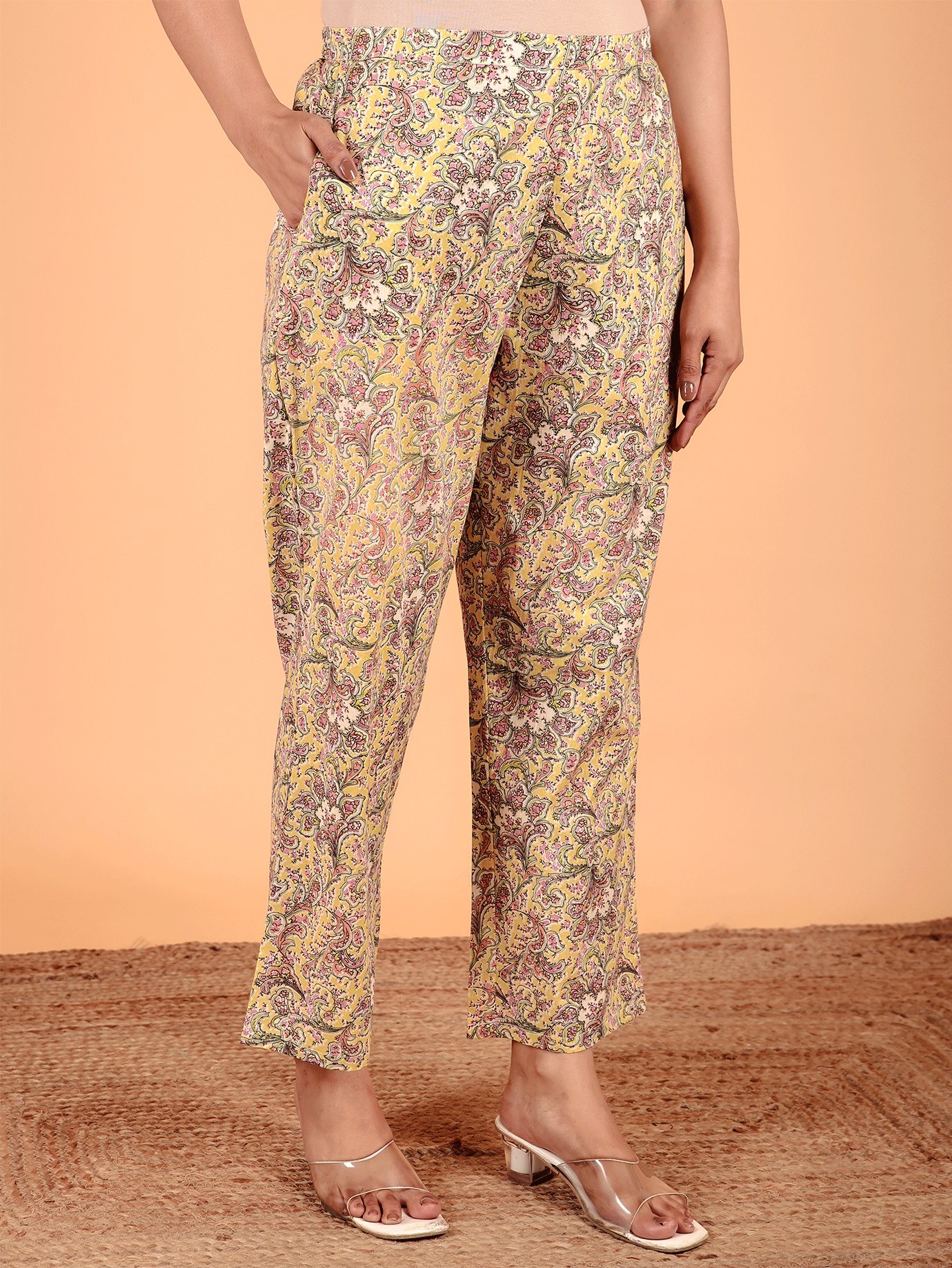 Soft Cotton Floral Yellow Straight Trousers