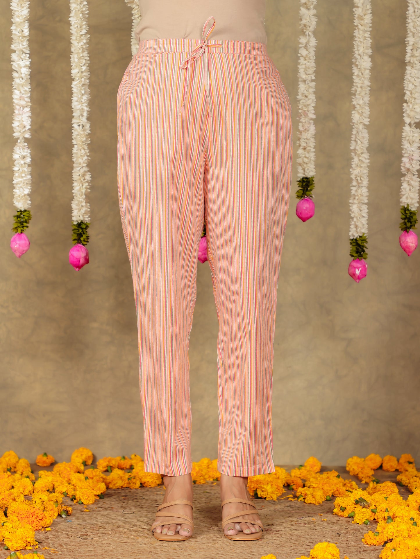 Soft Cotton Striped Peach Tapered Trousers