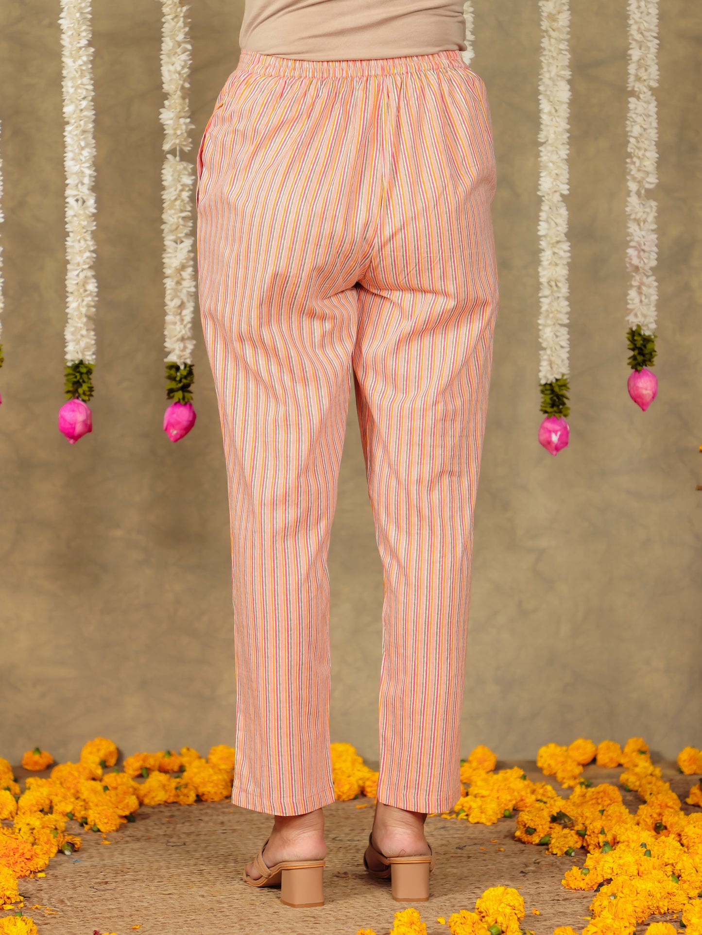 Soft Cotton Striped Peach Tapered Trousers