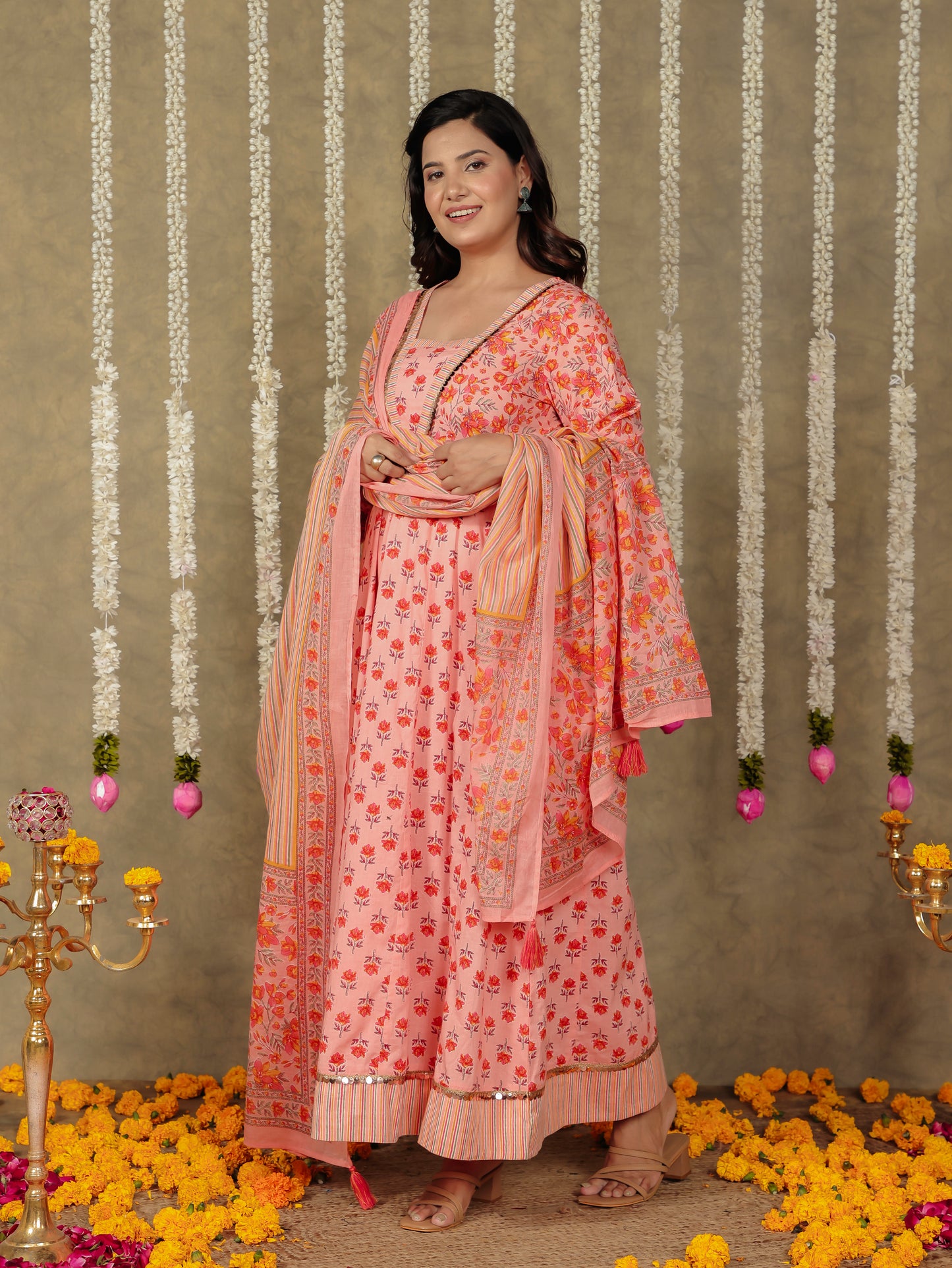 Soft Cotton Floral Flared Peach Kurta