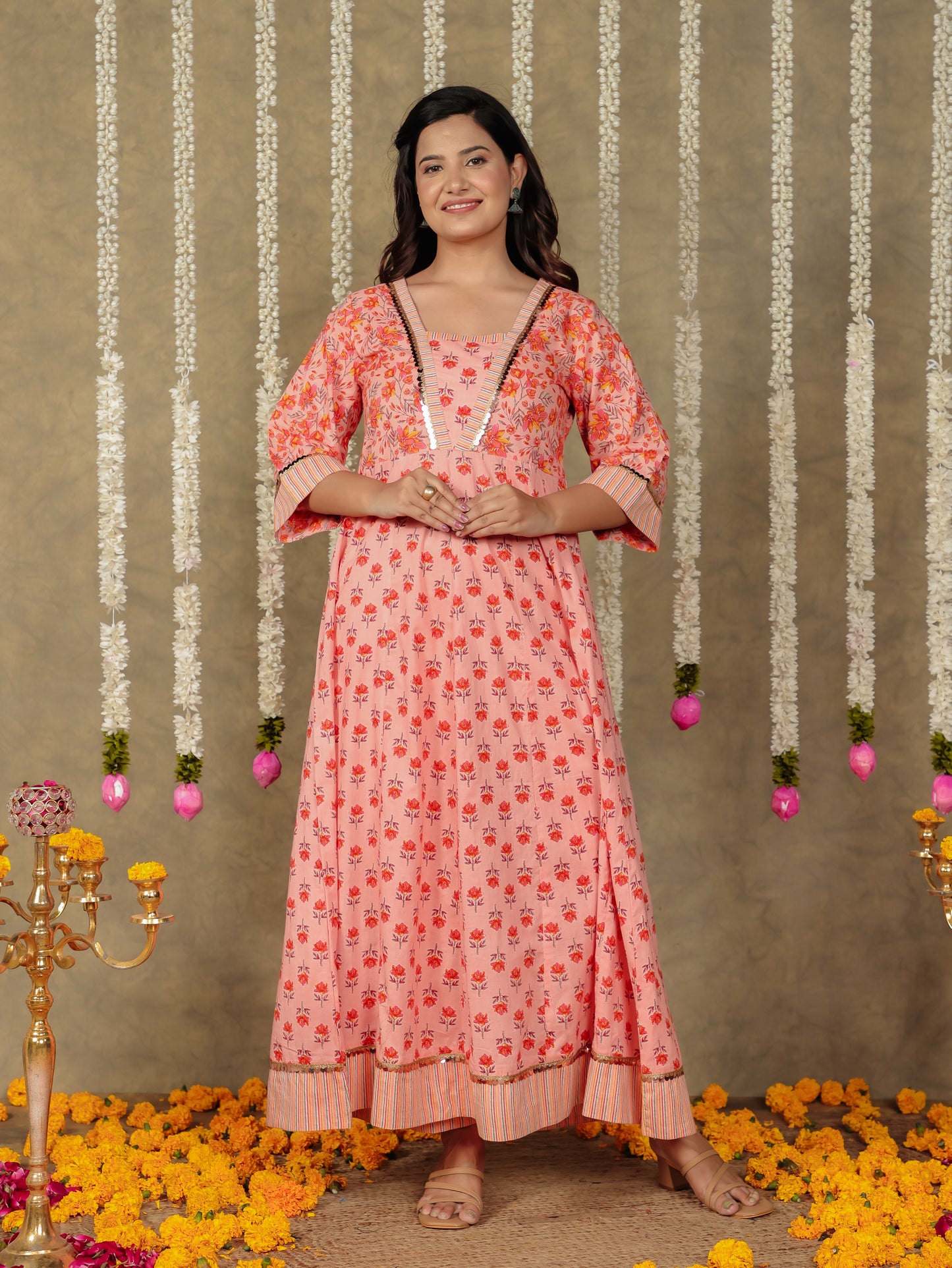 Soft Cotton Floral Flared Peach Kurta